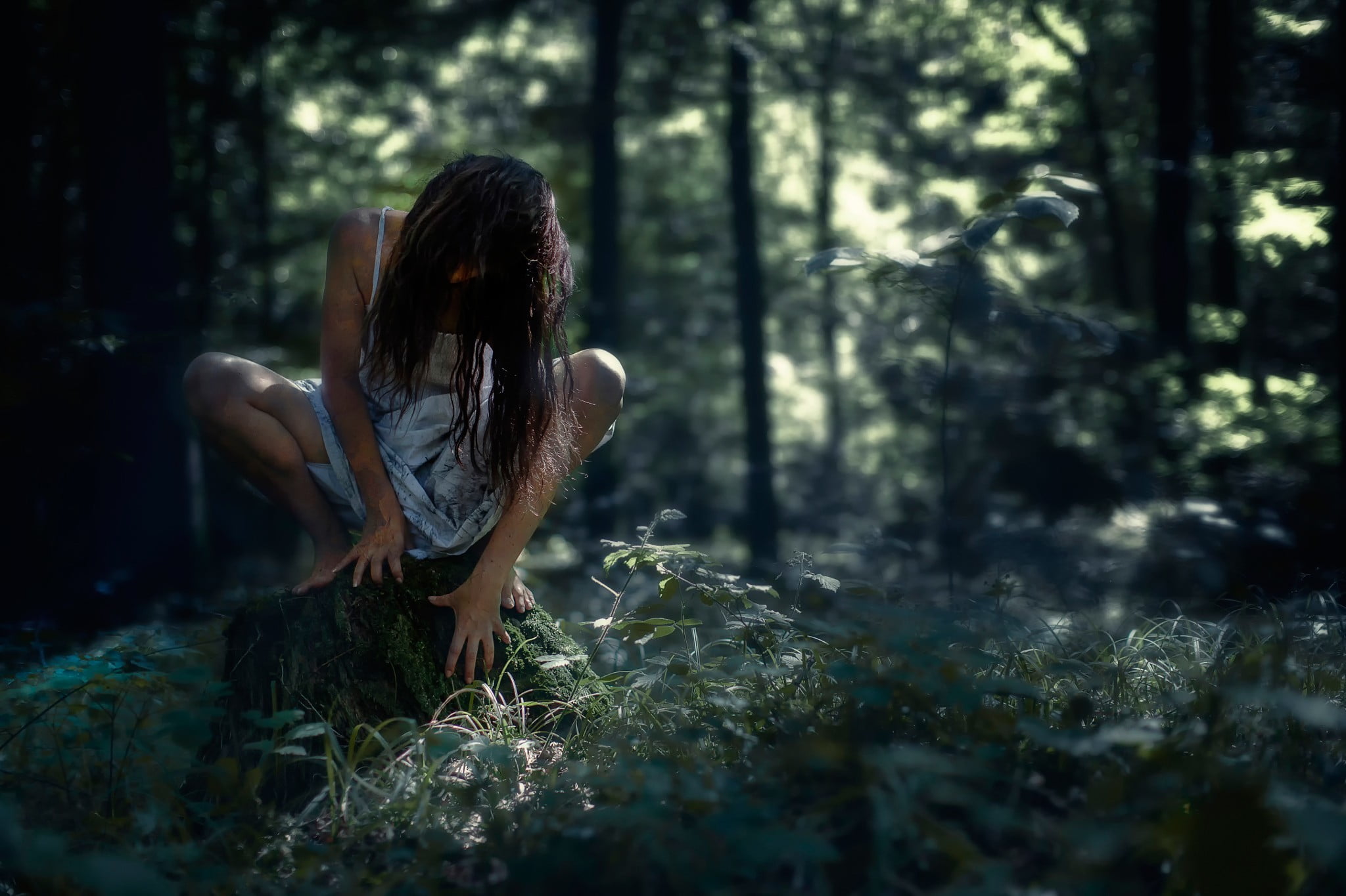 leisure activity, growth, nature, real people, selective focus, forest, woodland, 1080P, tree, spooky, plant, hair, hairstyle, land, women, day, obscured face, HD Wallpaper