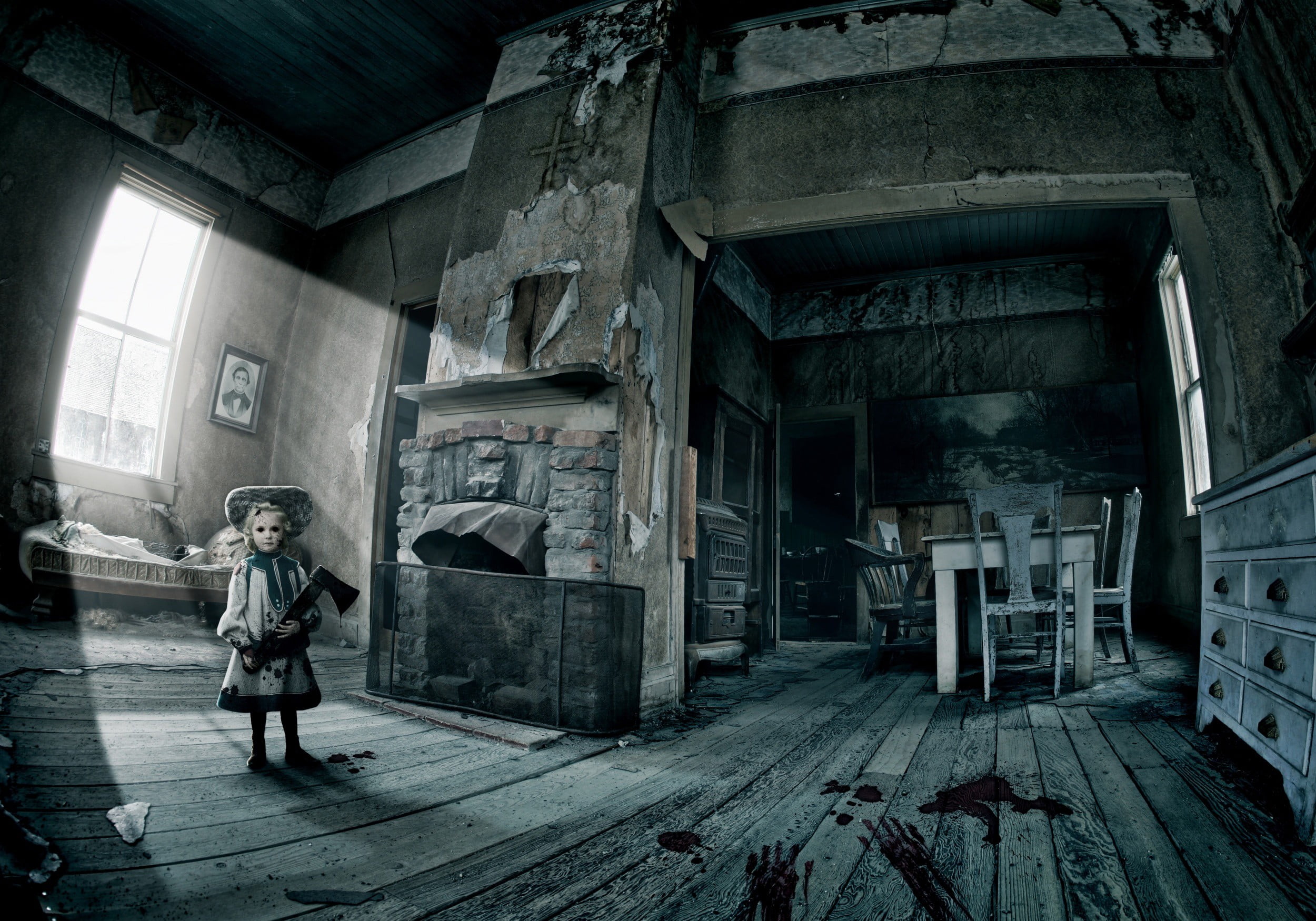 building, women, doll, leisure activity, one person, history, indoors, axe, 1080P, architecture, rear view, spooky, girl, standing, old, real people, deterioration, HD Wallpaper