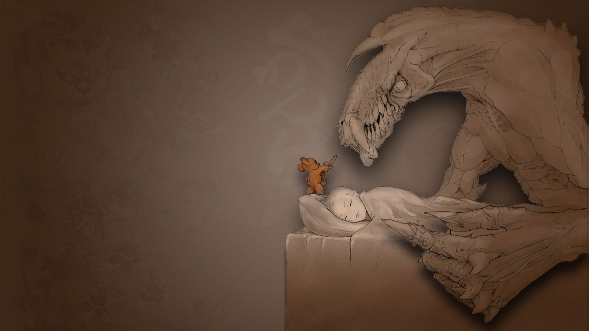 creature, nightmare, teddy bears, spooky, sleeping, fantasy art, Protector, 1080P, HD Wallpaper
