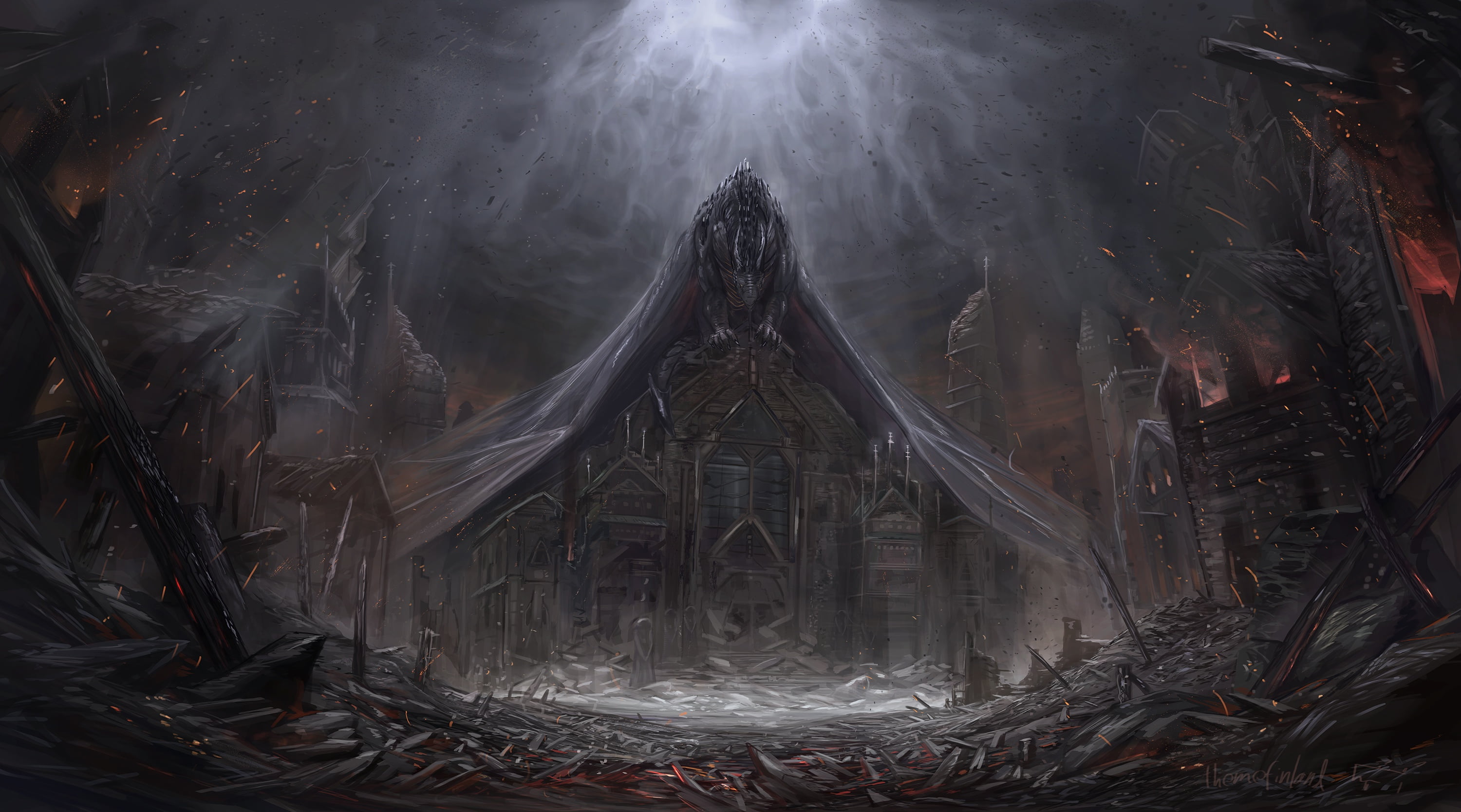 horror, Timi Honkanen, damn place, the wreckage, 2K, destruction, welcome to Hell, the devil, art, Satan, fire, night, sparks, Themefinland, HD Wallpaper