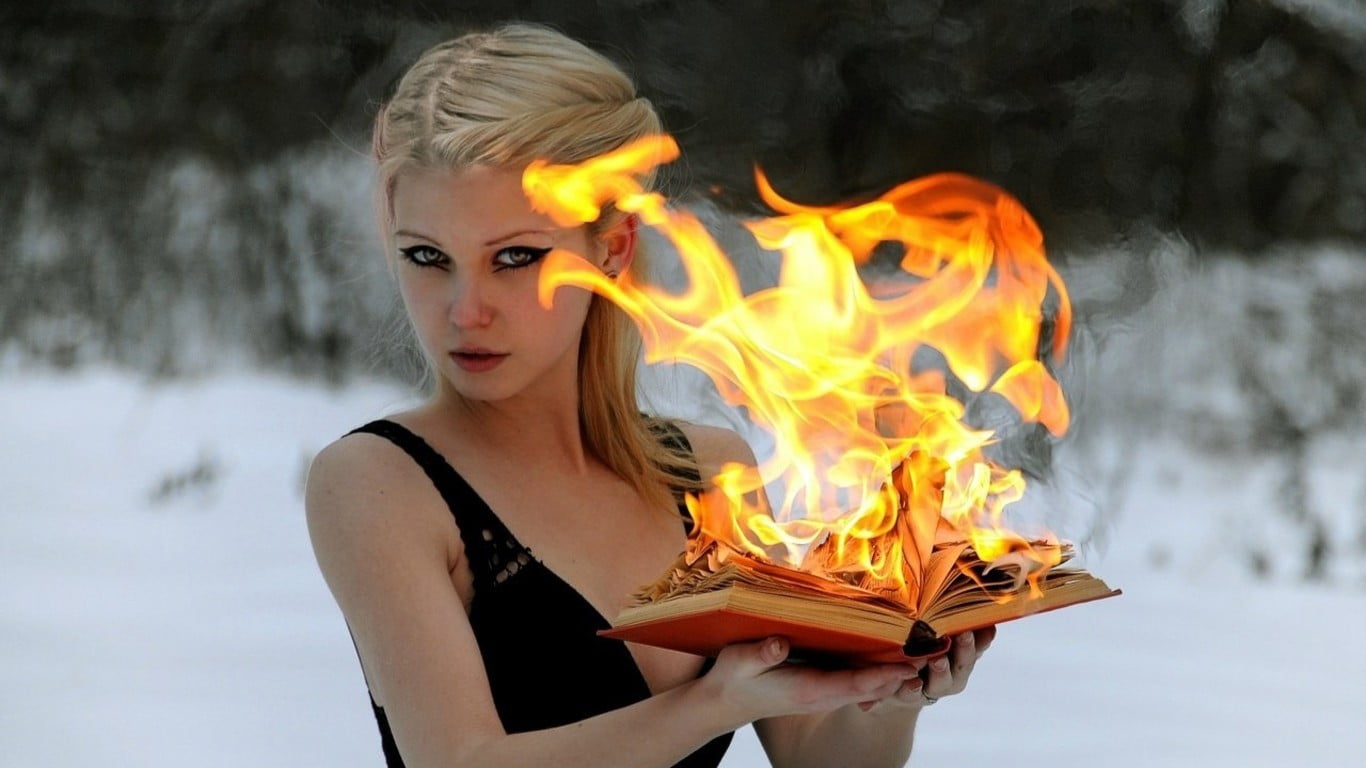 portrait, green eyes, waist up, flame, young women, sleeveless, hair, one person, nature, blond hair, black, s, fire, beautiful woman, hairstyle, books, HD Wallpaper