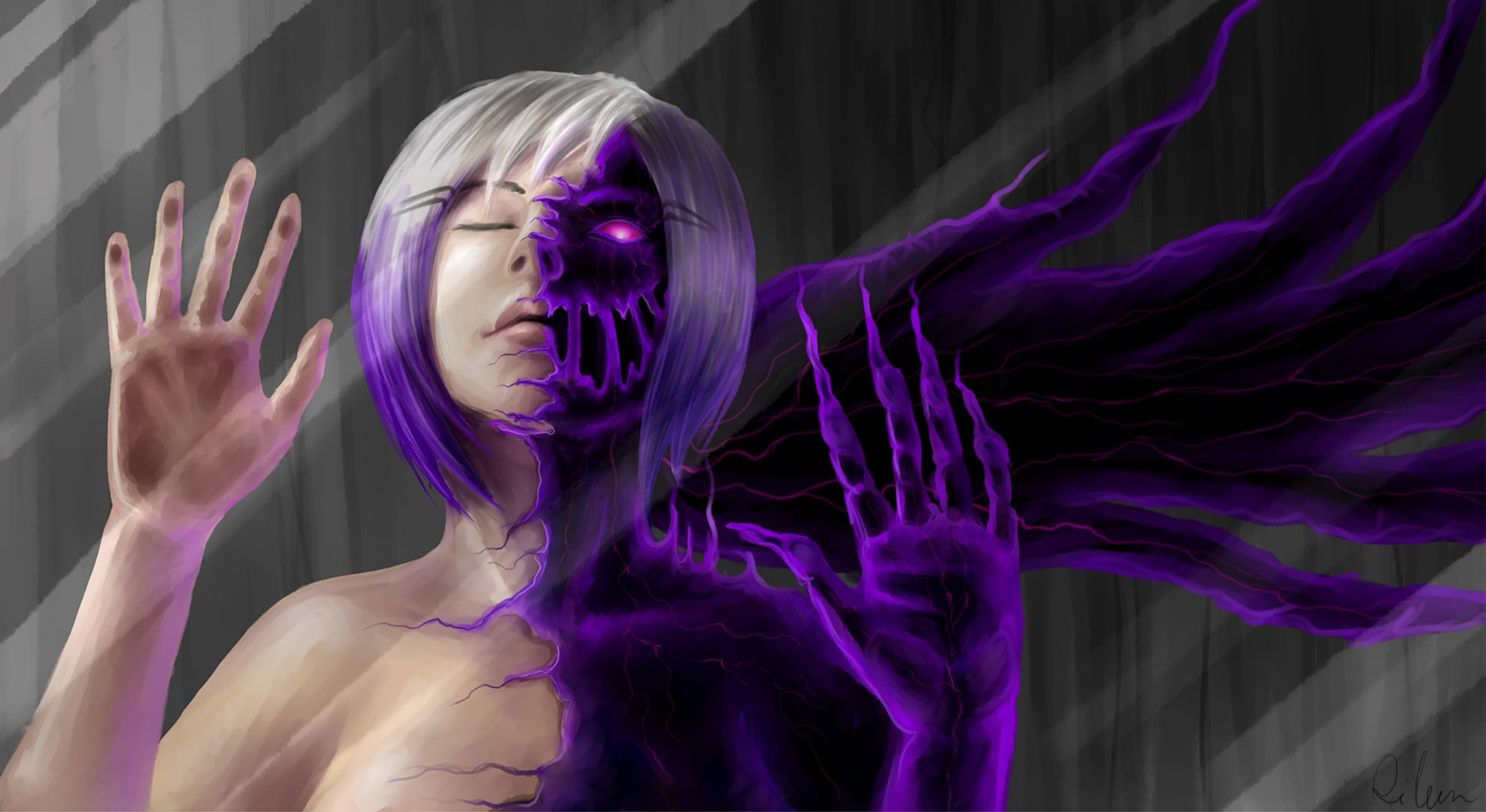beautiful woman, front view, hairstyle, purple, magic, adult, pink color, white, anime, young women, headshot, real people, women, the demon, 1080P, body paint, HD Wallpaper