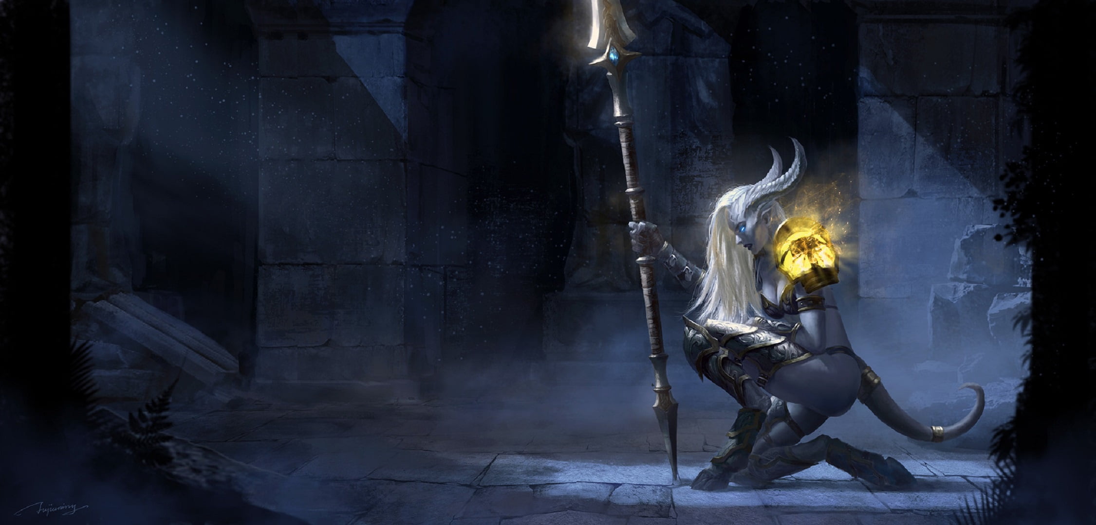 Chimera, demoness, tailed, Horny, oath, ruins, rod, 1080P, hooves, spell, burning eyes, in the dark, HD Wallpaper