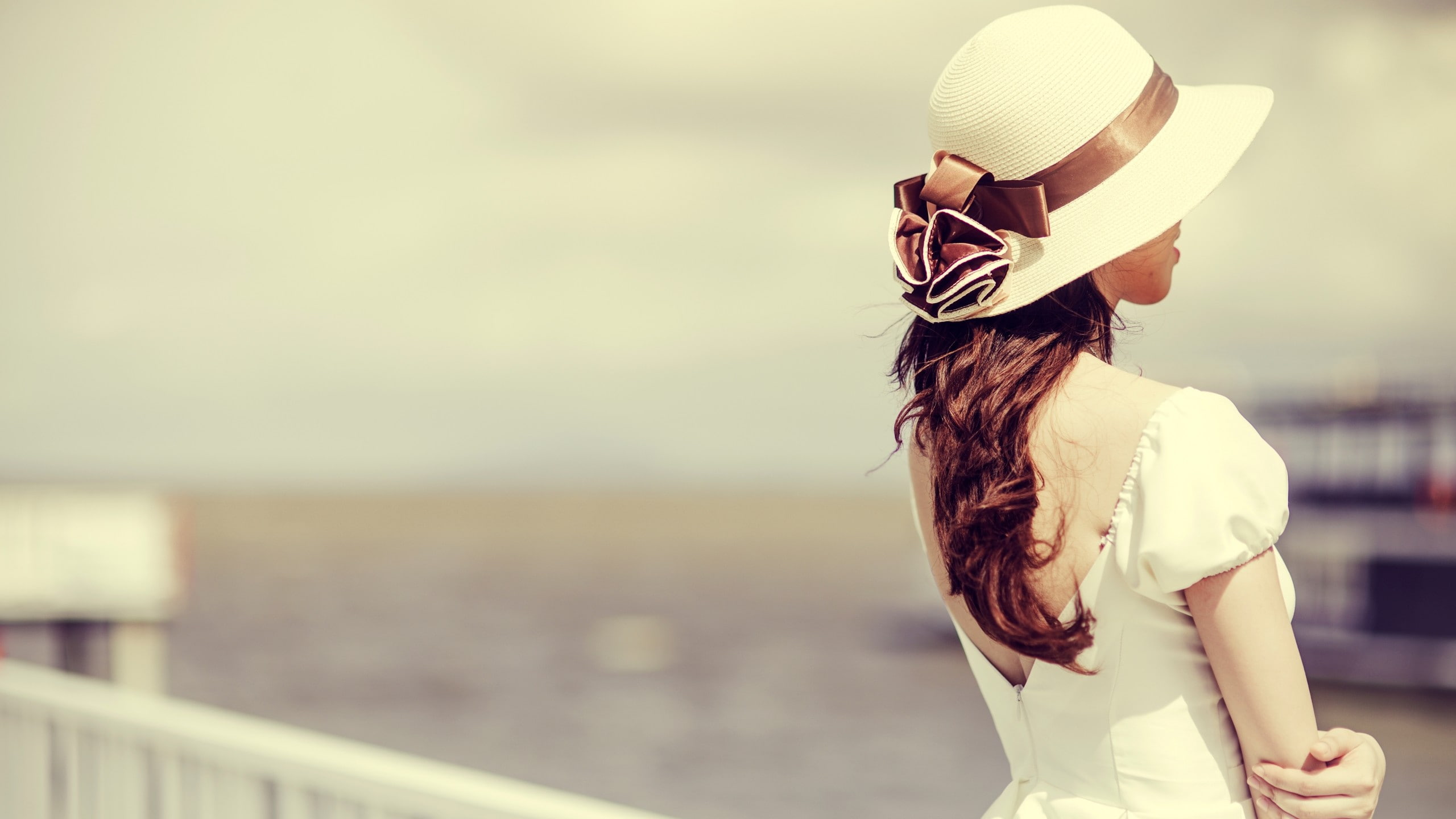 model, women, long hair, 2K, urban, white dress, women outdoors, depth of field, brunette, hat, white clothing, back, rear view, HD Wallpaper