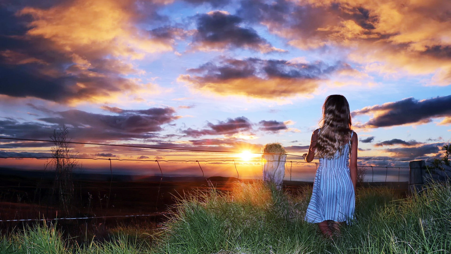 minidress, cloud - sky, 1080P, white dress, sunset, nature, model, beauty in nature, striped, grass, leisure activity, fence, clothing, bare shoulders, HD Wallpaper