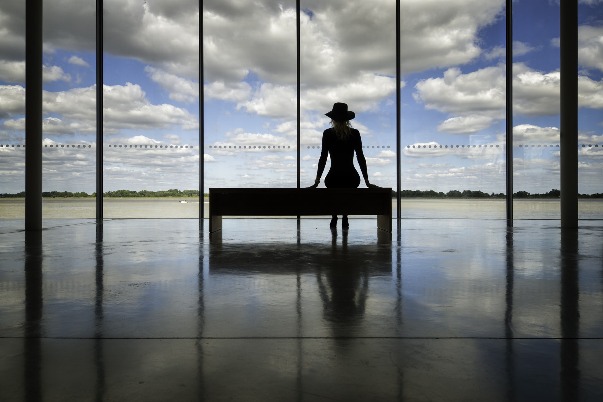 Donau, bench, rear view, landscape, hat, Ondrej Medveď, clouds, long hair, women, Slovakia, galleries, reflection, indoors, river, 1080P, sitting, black dress, HD Wallpaper
