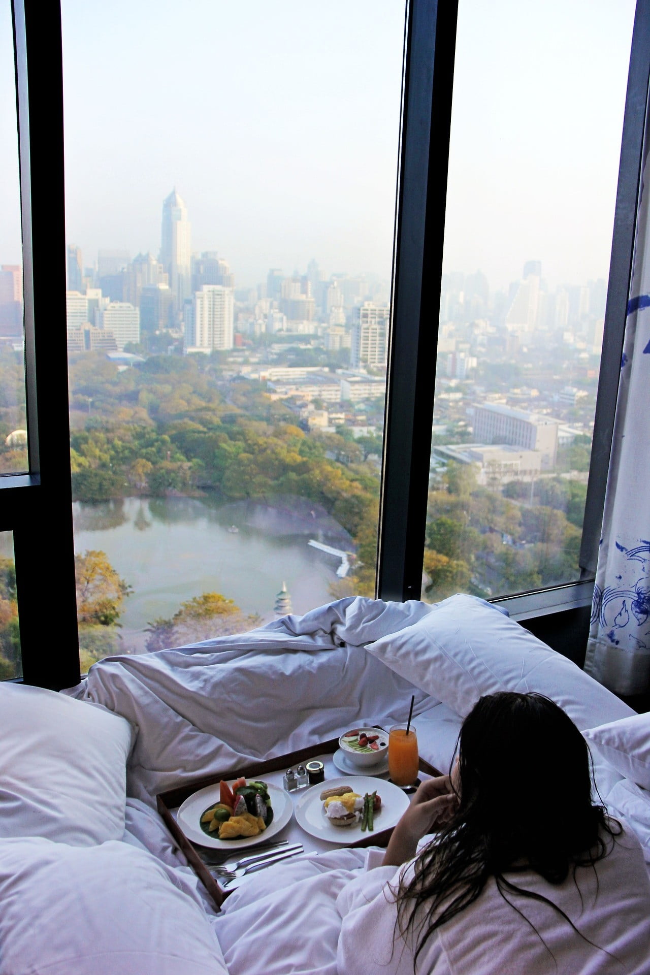indoors, model, city, breakfast, window, in bed, portrait display, adult, building, interior, architecture, women, park, looking at view, 1080P, food and drink, Phone HD Wallpaper