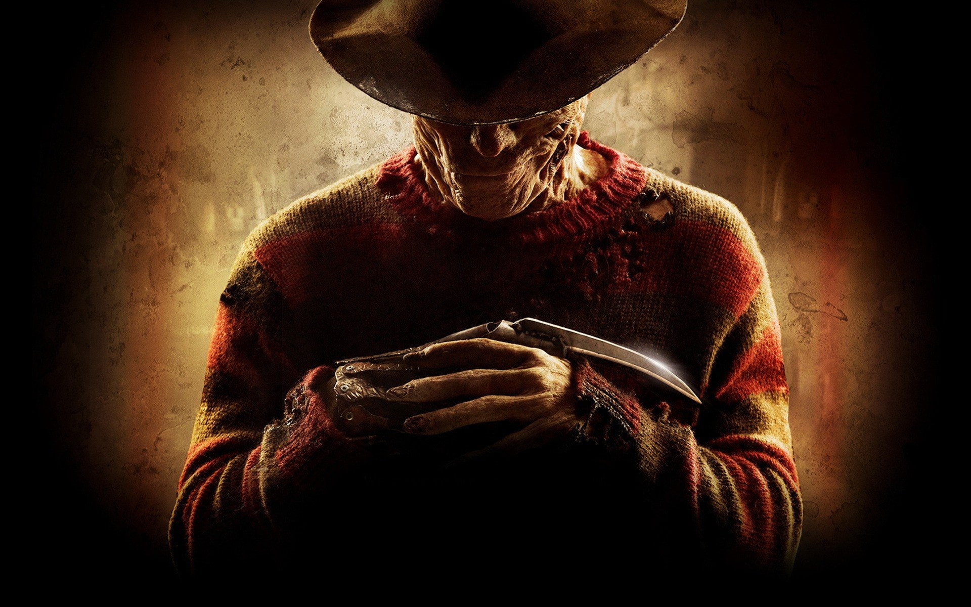 spooky, adult, mystery, warning sign, artwork, indoors, dark, cowboy, Elm, street, blood, portrait, 1080P, holding, aggression, Nightmare, horror, disguise, HD Wallpaper