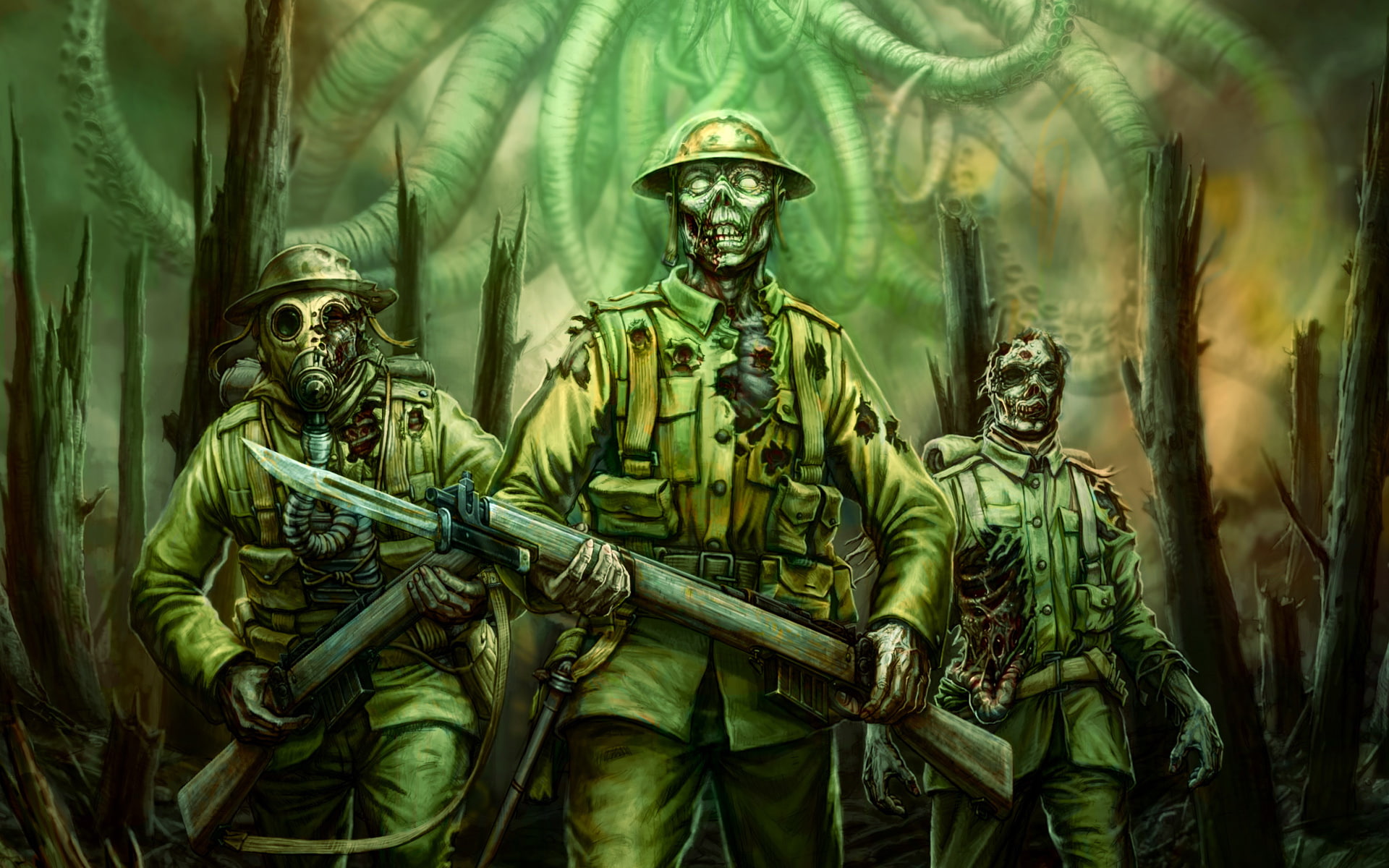 fantasy, call of cthulhu, soldiers, survival, 1080P, green, cthulhu, rpg, horror, call, shooter, zombies, HD Wallpaper