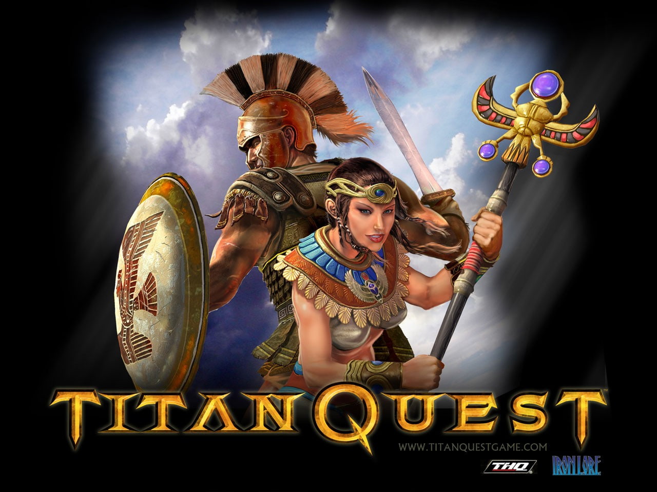 Titan Quest, text, representation, multi colored, outdoors, young women, art and craft, full length, video games, human representation, people, adult, sky, HD Wallpaper