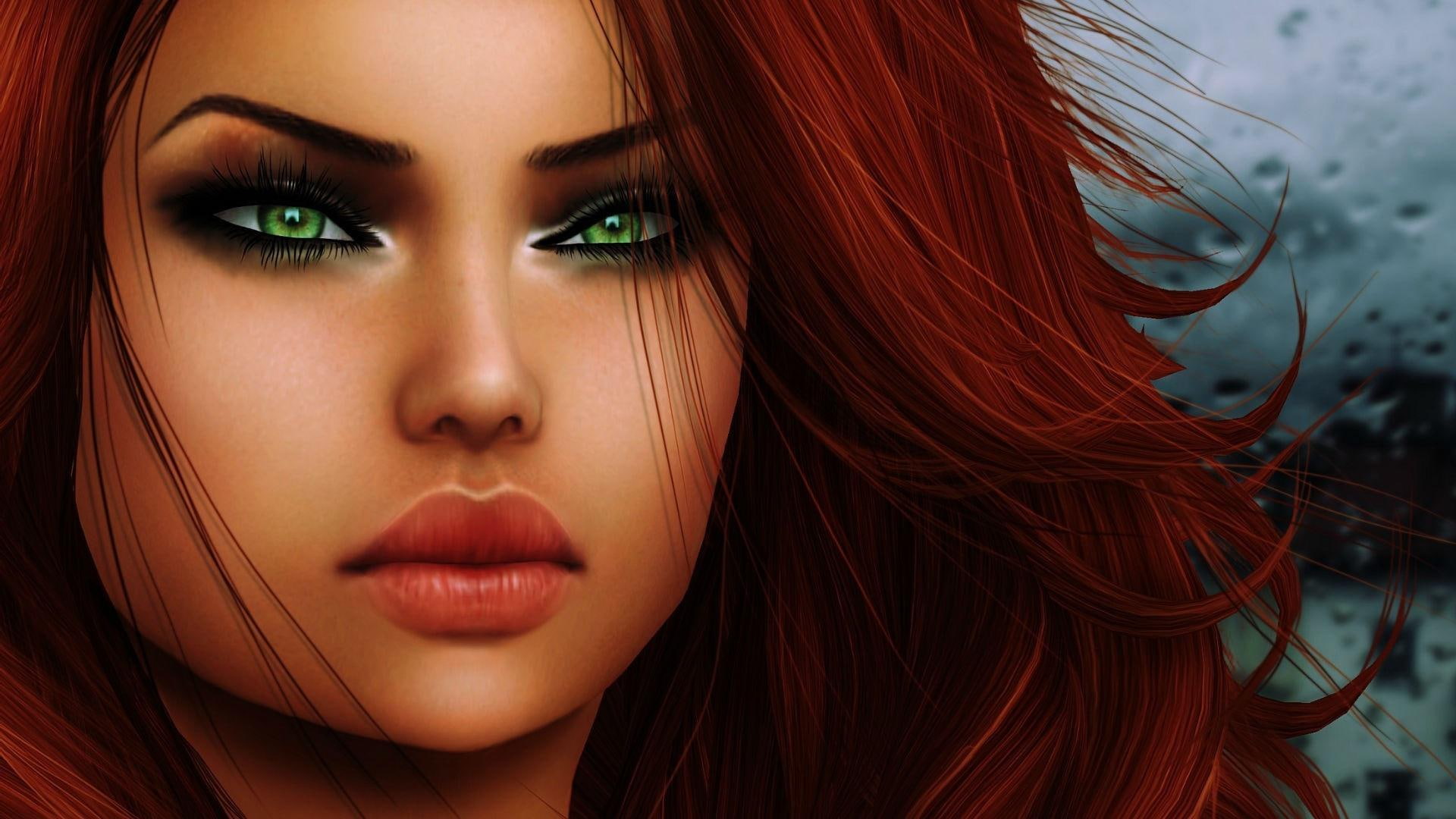 character, woman, superb, 1080P, haired, digital art, cartoon, female, red, redhead, 1920x1080, HD Wallpaper