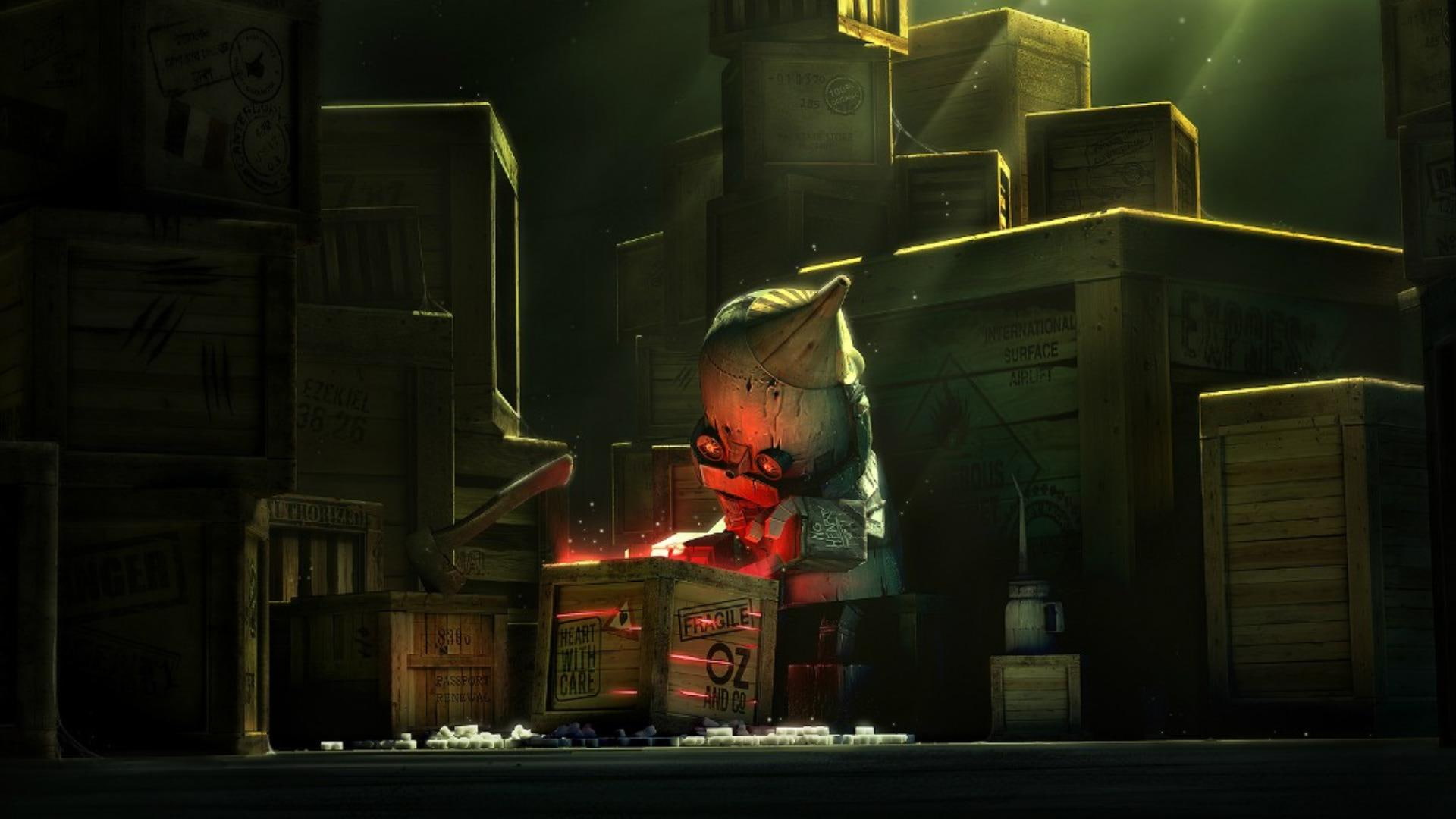 digital art, robot, illustration, 1080P, searching, cartoon, character, box, 1920x1080, HD Wallpaper