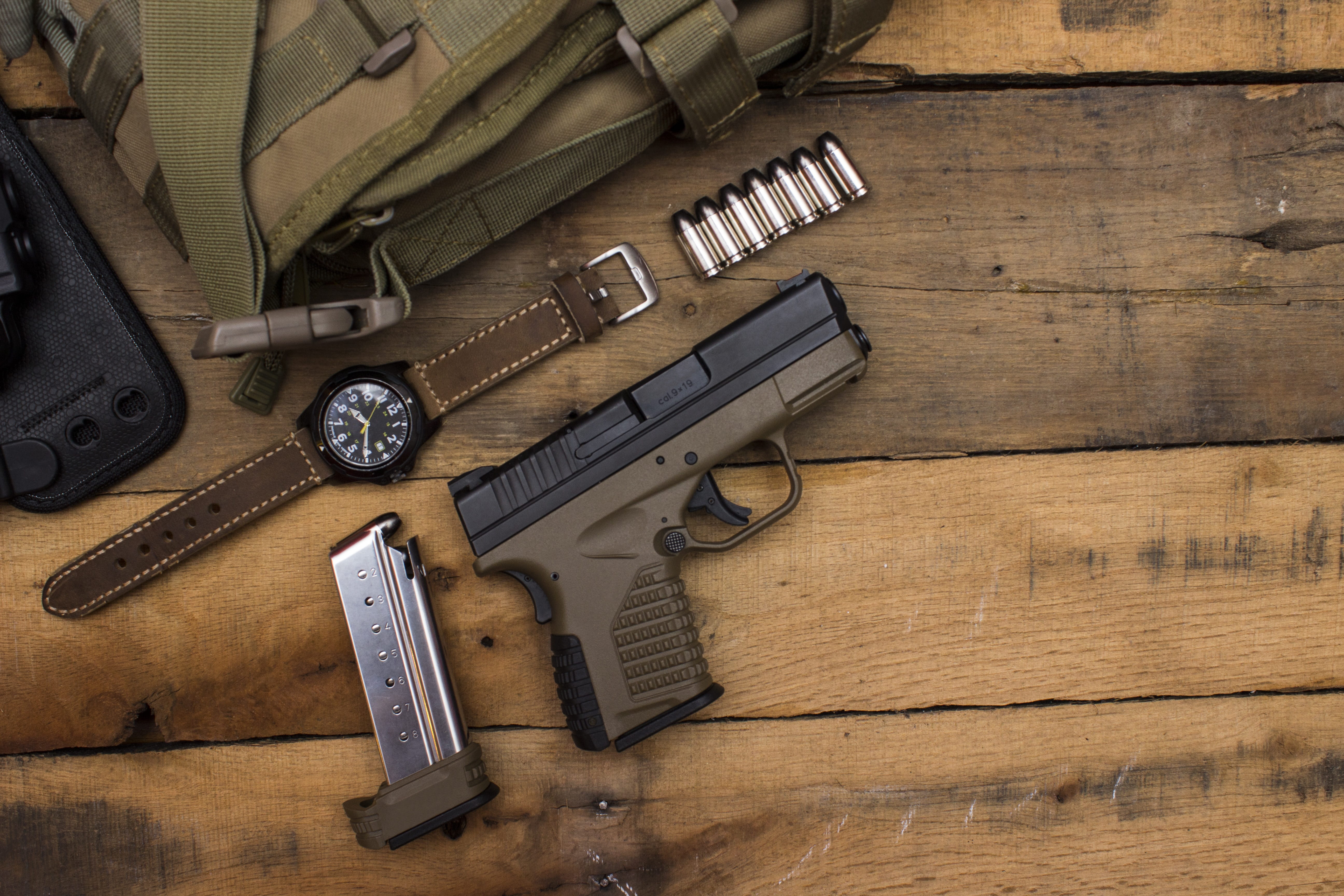 gun, watch, concealed carry, military, barrel, bullet, firearm, trigger, work tool, security, no people, high angle view, army, choice, table, concealed, HD Wallpaper