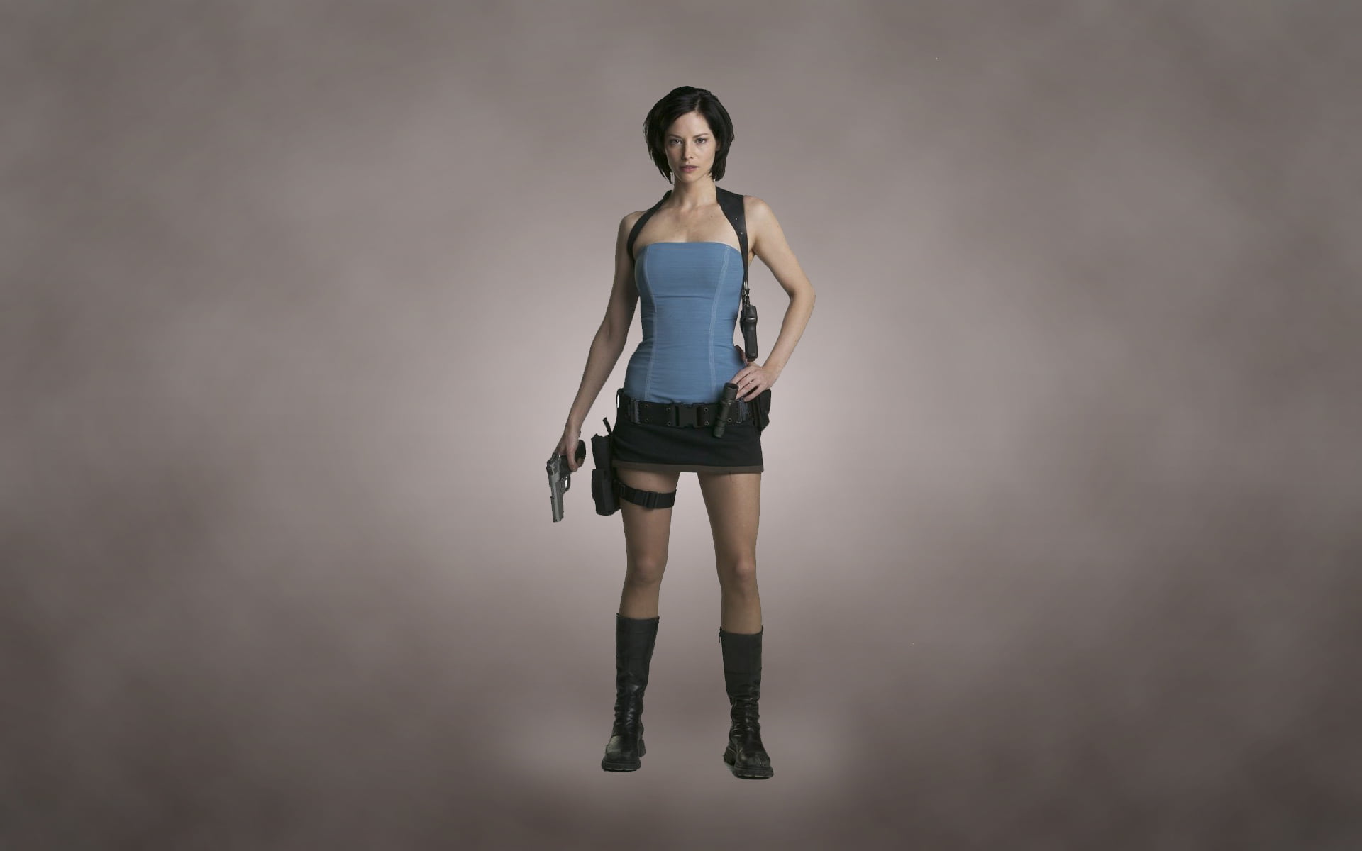 indoors, Jill Valentine, women, one person, real people, gun, looking at camera, beautiful woman, shorts, adult, 1080P, dark background, Resident Evil Apocalypse, HD Wallpaper