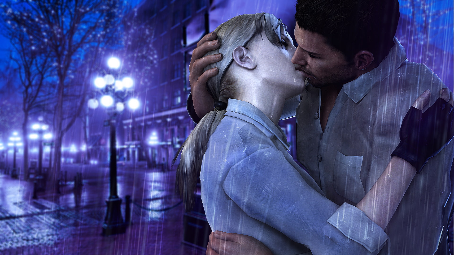 chris, resident, valentine, redfield, 1080P, kiss, jill, evil, fanart, rain, mood, HD Wallpaper