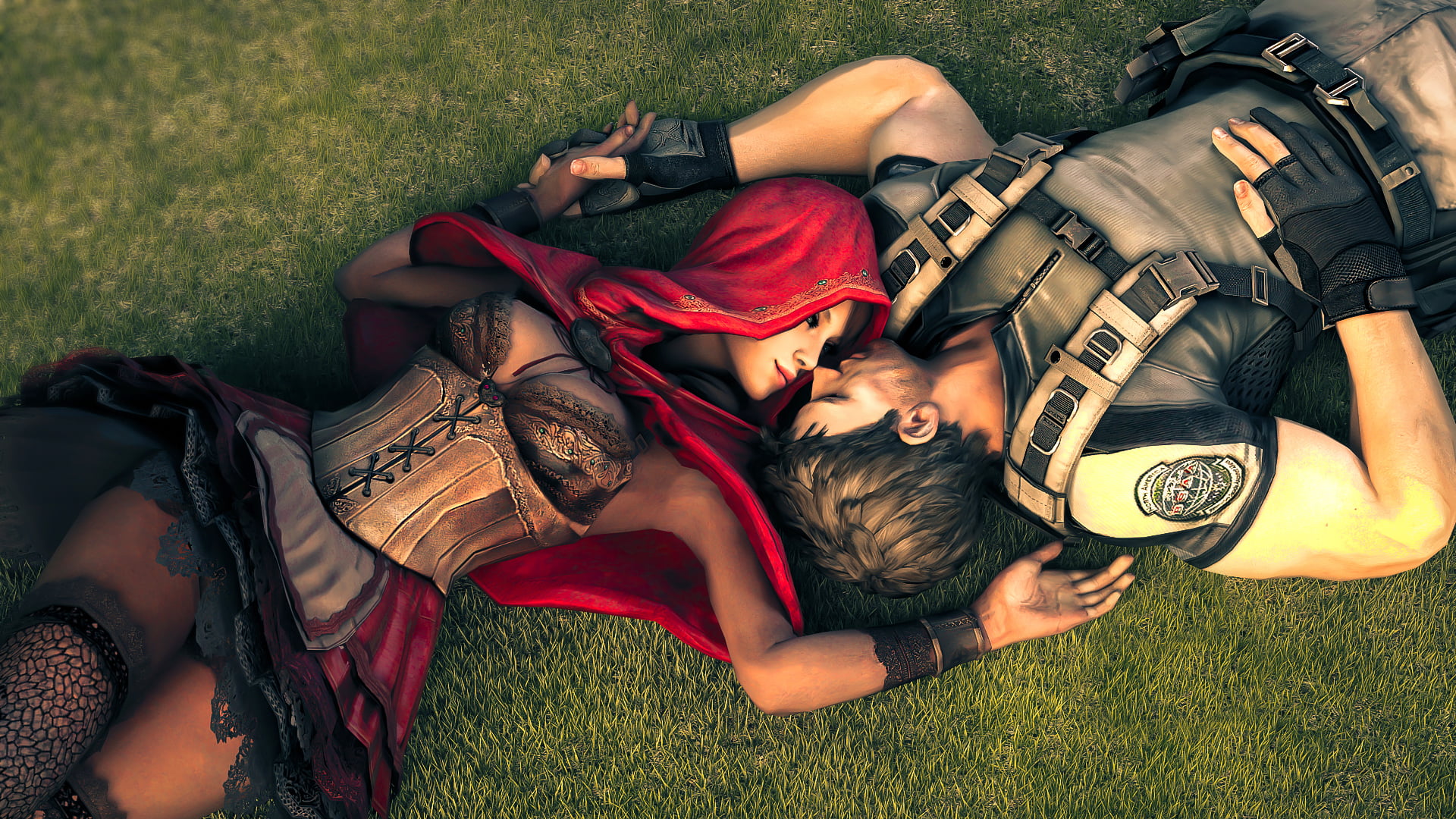 summer, fanart, beauty, illustration, grass, people, relaxation, friendship, outdoors, Resident Evil 5, lifestyles, real people, couple - Relationship, HD Wallpaper