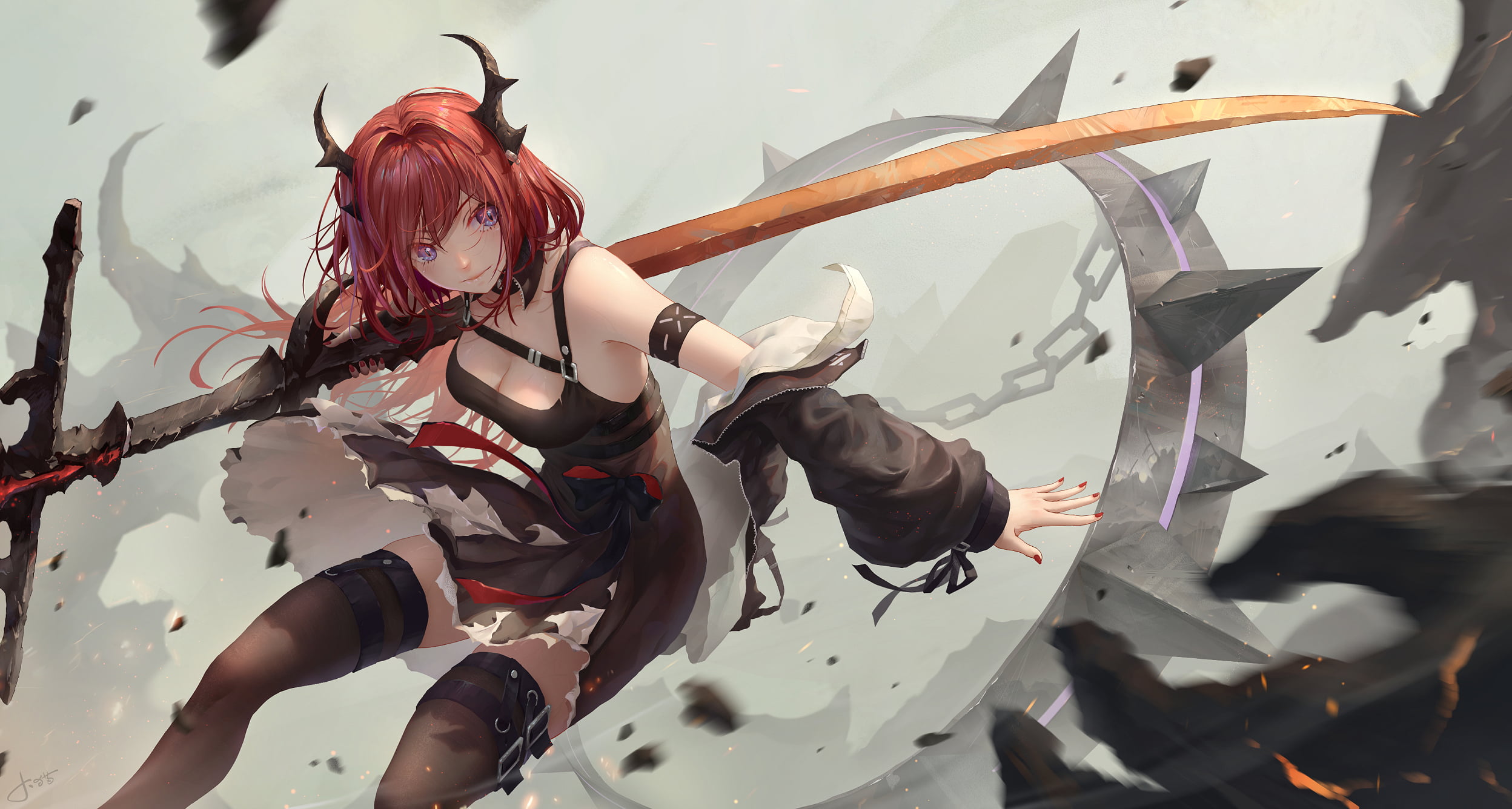 Jay Xu, digital art, sword, stockings, 1080P, dress, anime girls, drawing, artwork, bangs, thigh strap, Surtr (Arknights), Arknights, horns, anime, shoulder length hair, HD Wallpaper