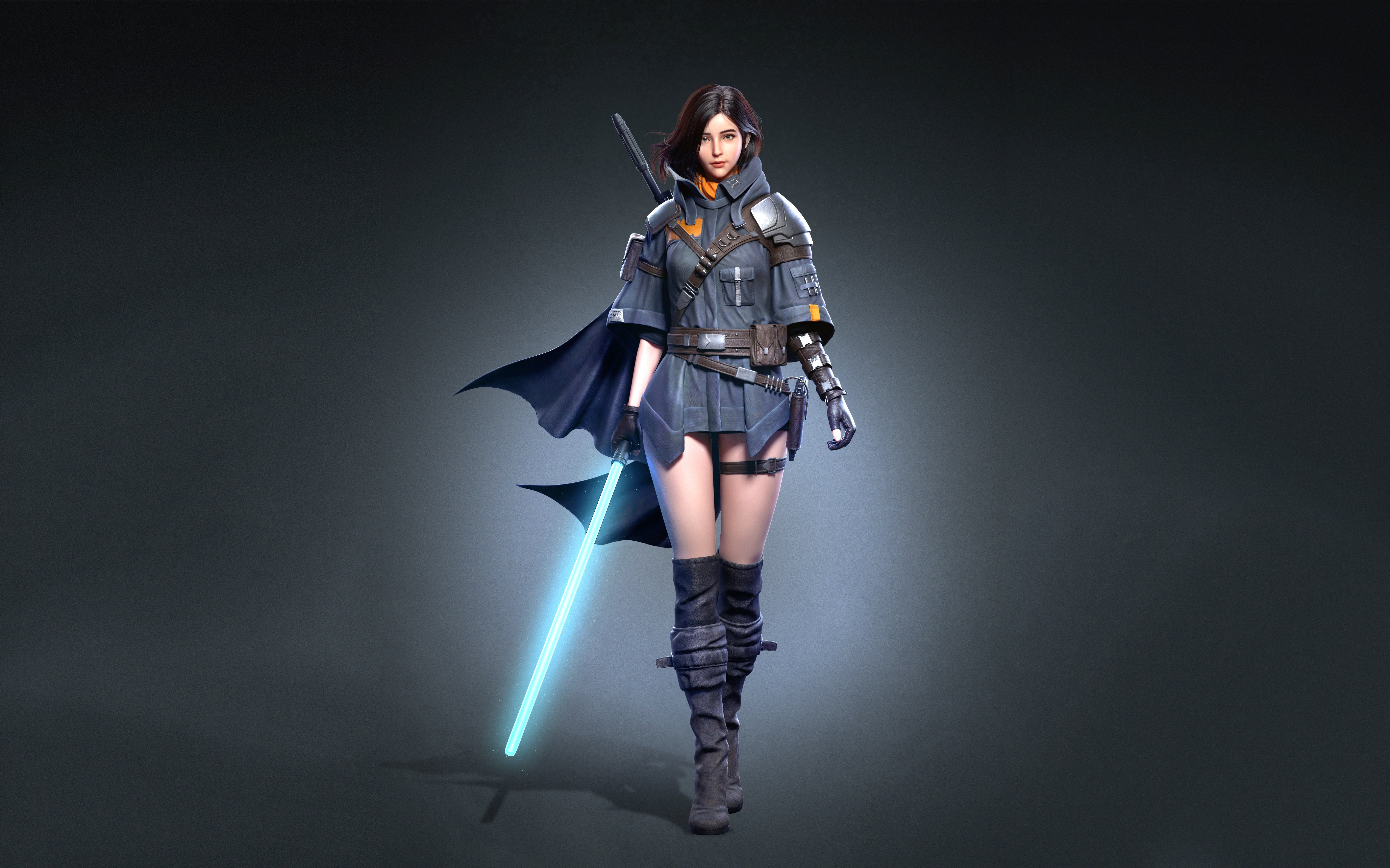Jedi, lightsaber, brunette, Star Wars, CGI, Cifangyi, women, cape, simple background, thigh strap, boots, walking, weapon, 5K, HD Wallpaper