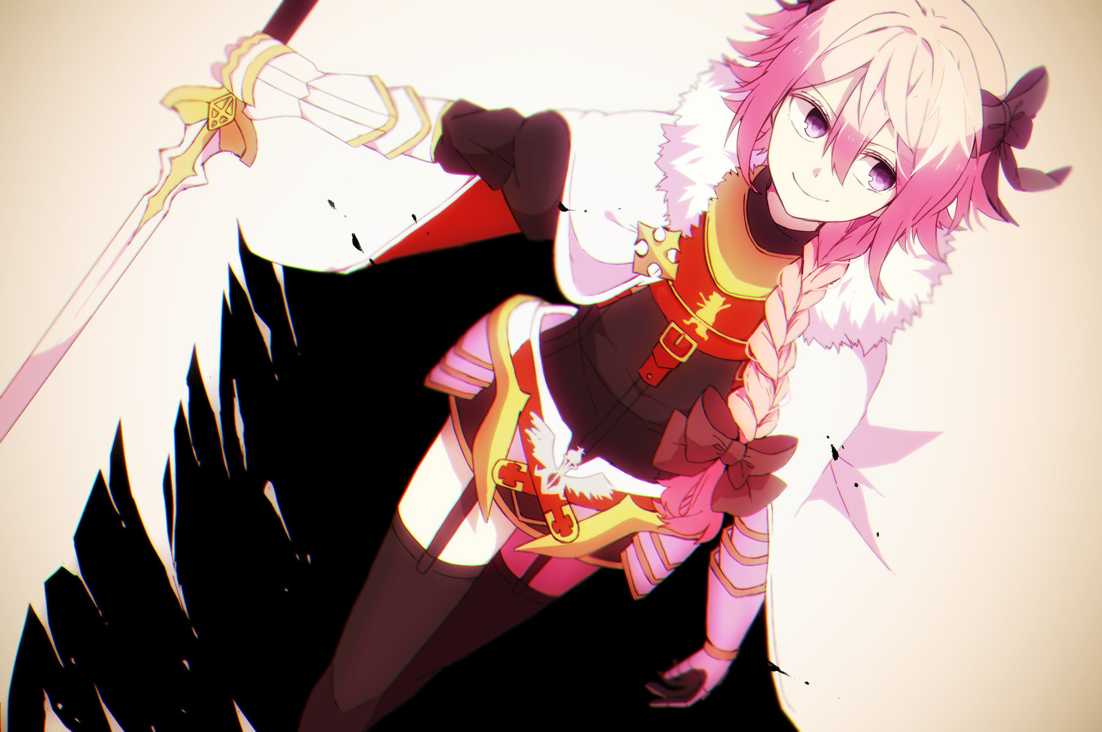 artwork, black stockings, bicolored hair, 2D, thighs, violet eyes, long hair, Fate/Apocrypha, gauntlets, anime, pink hair, fan art, french braid, sword, HD Wallpaper