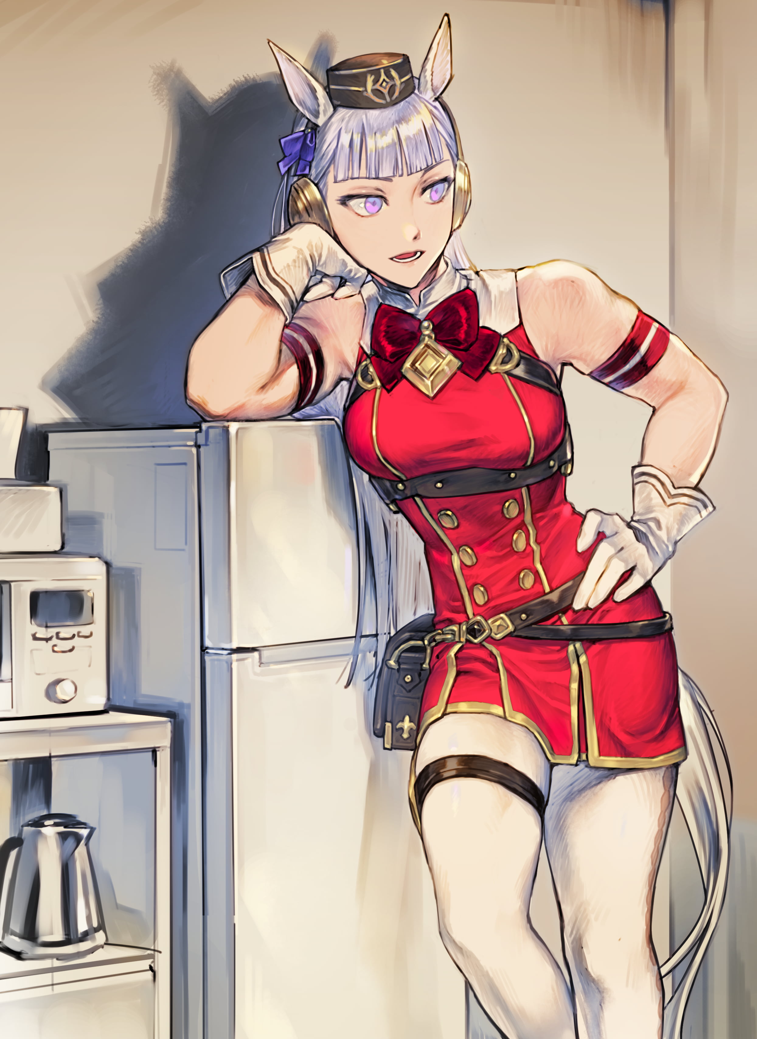 standing, hat, 2K, vertical, big boobs, looking at the side, bare shoulders, tail, anime girls, 2D, artwork, kitchen, thighs, sleeveless, microwave, anime, Phone HD Wallpaper