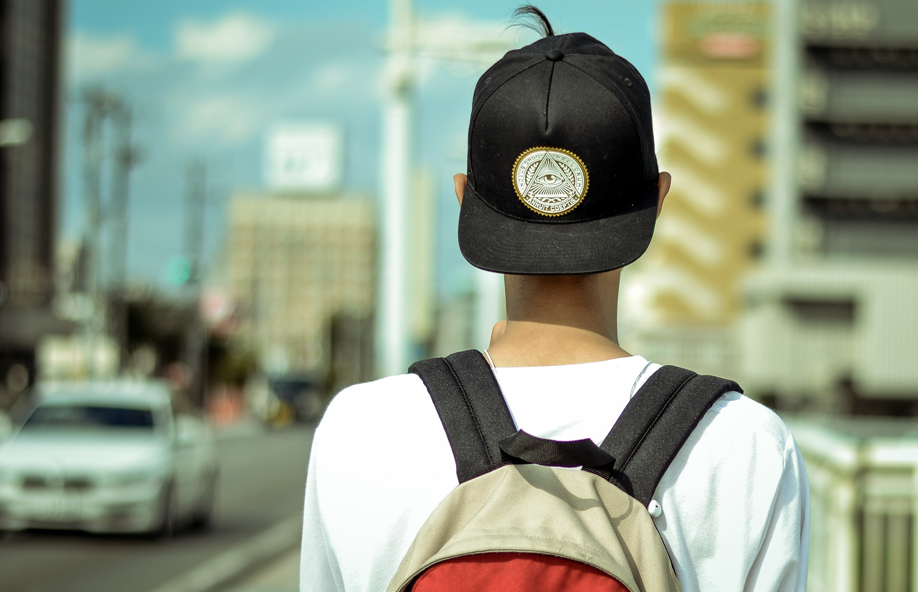 rear view, one person, street, men, hat, standing, building exterior, real people, 2K, clothing, built structure, security, Japan, Illuminati, day, lifestyles, HD Wallpaper