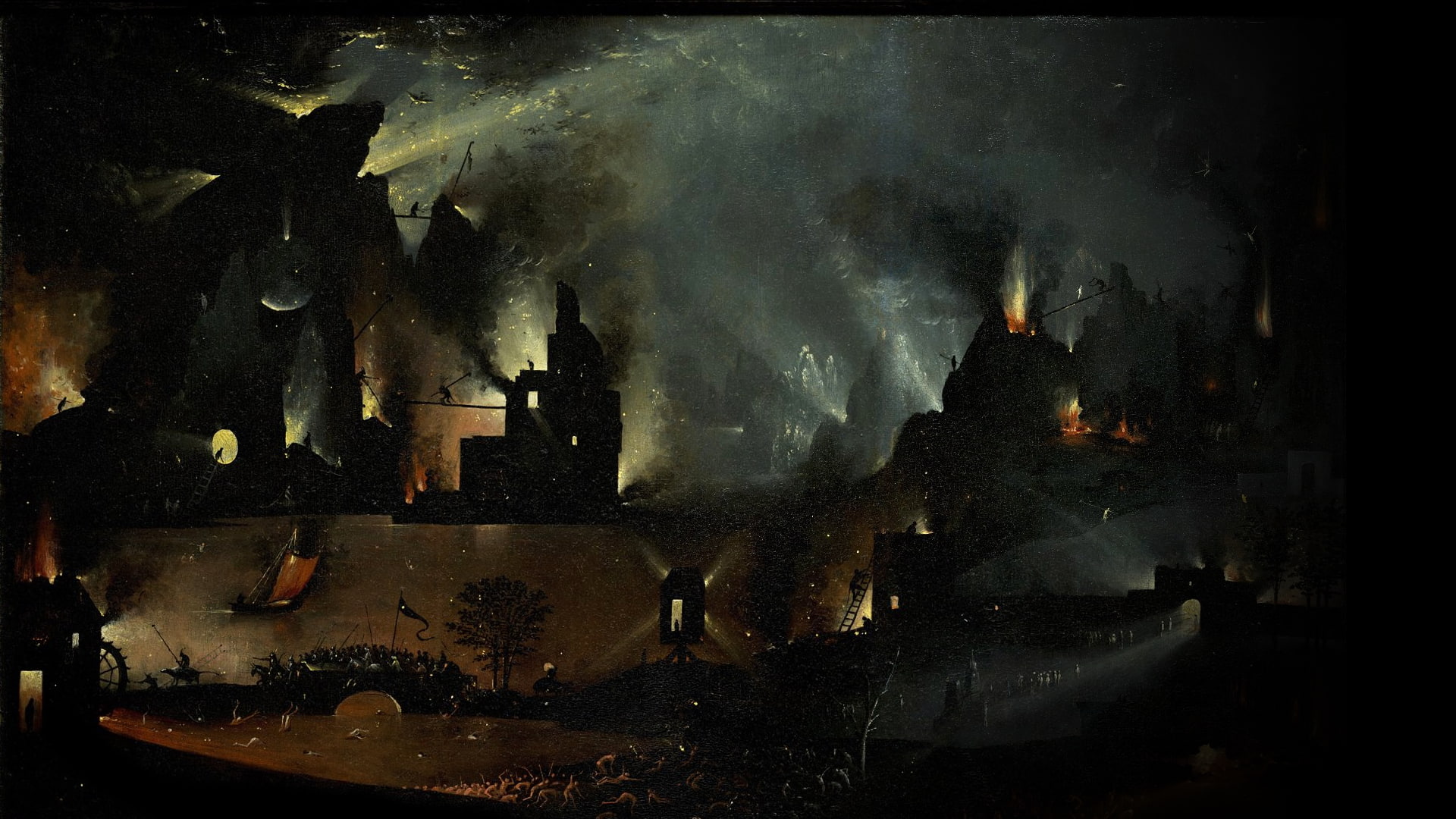 digital composite, illuminated, city, night, animal, water, built structure, indoors, Hell, skeleton, smoke - physical structure, occult, Dark, auto post production filter, HD Wallpaper