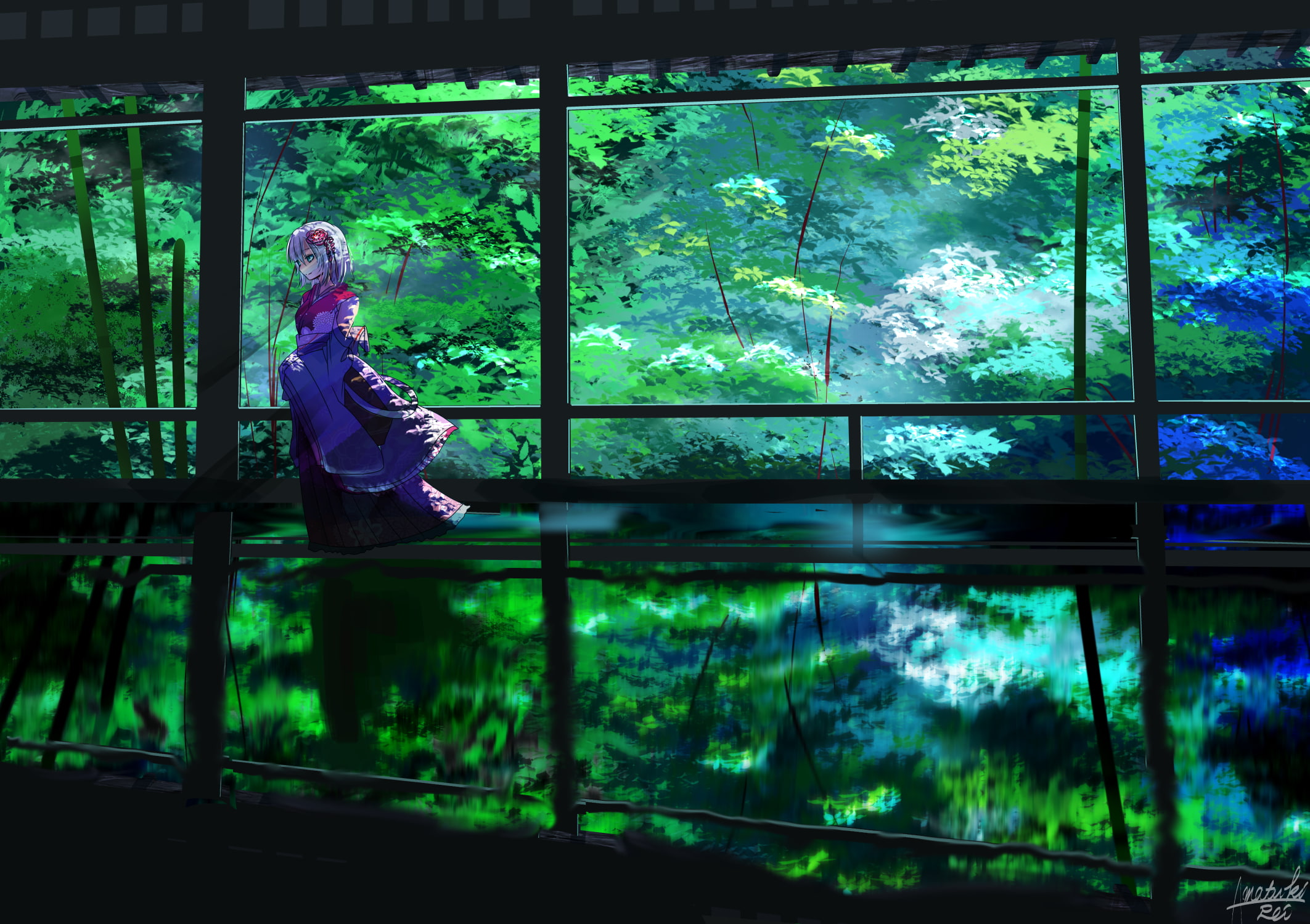 leisure activity, one person, side view, transparent, window, full length, indoors, green color, lifestyles, plant, real people, nature, day, 1080P, Girls Avenue, HD Wallpaper