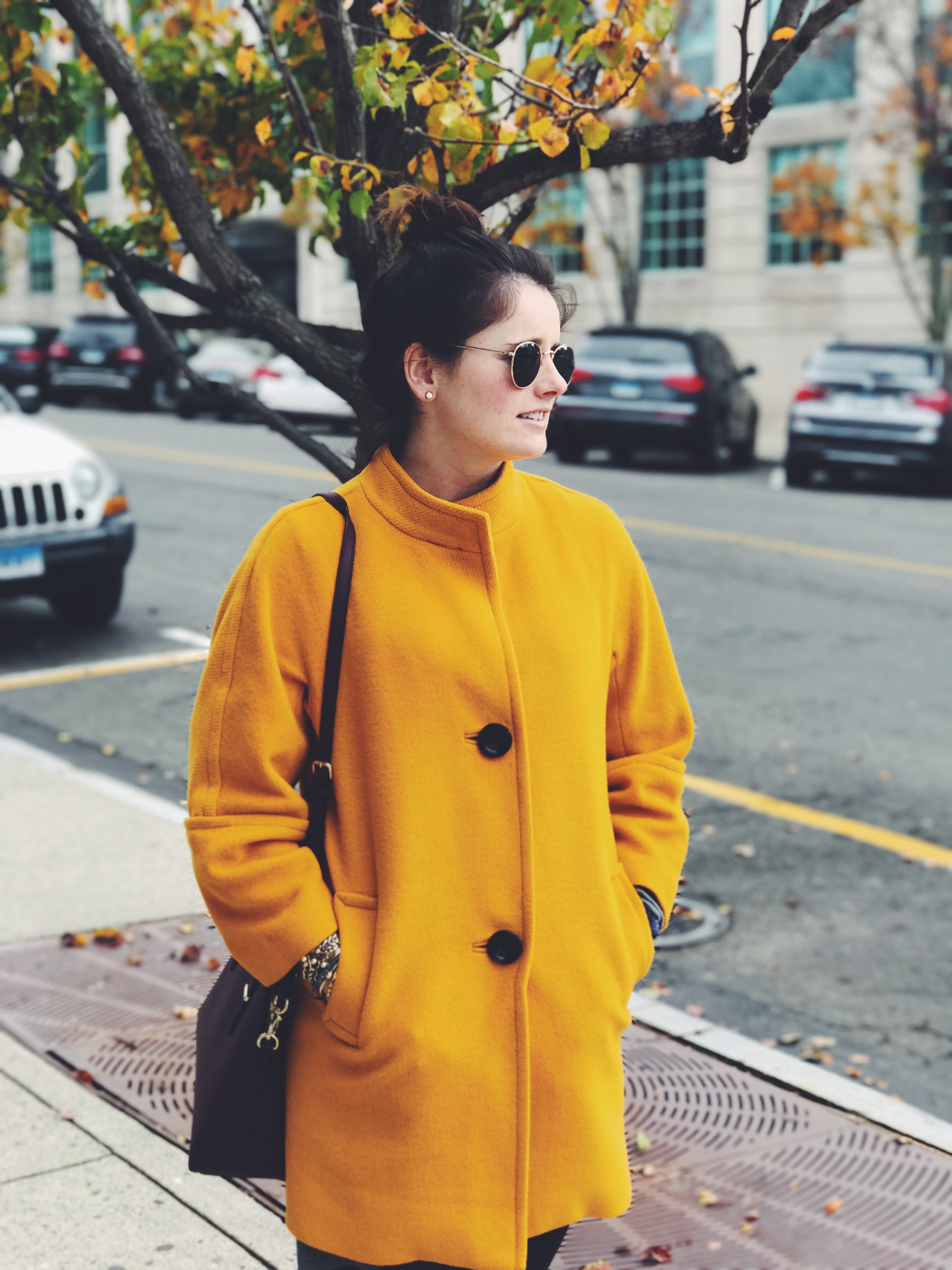 woman, outdoors, motor vehicle, sunglasses, architecture, day, yellow, greenwich, road, one person, portrait, land vehicle, standing, mode of transportation, Phone HD Wallpaper