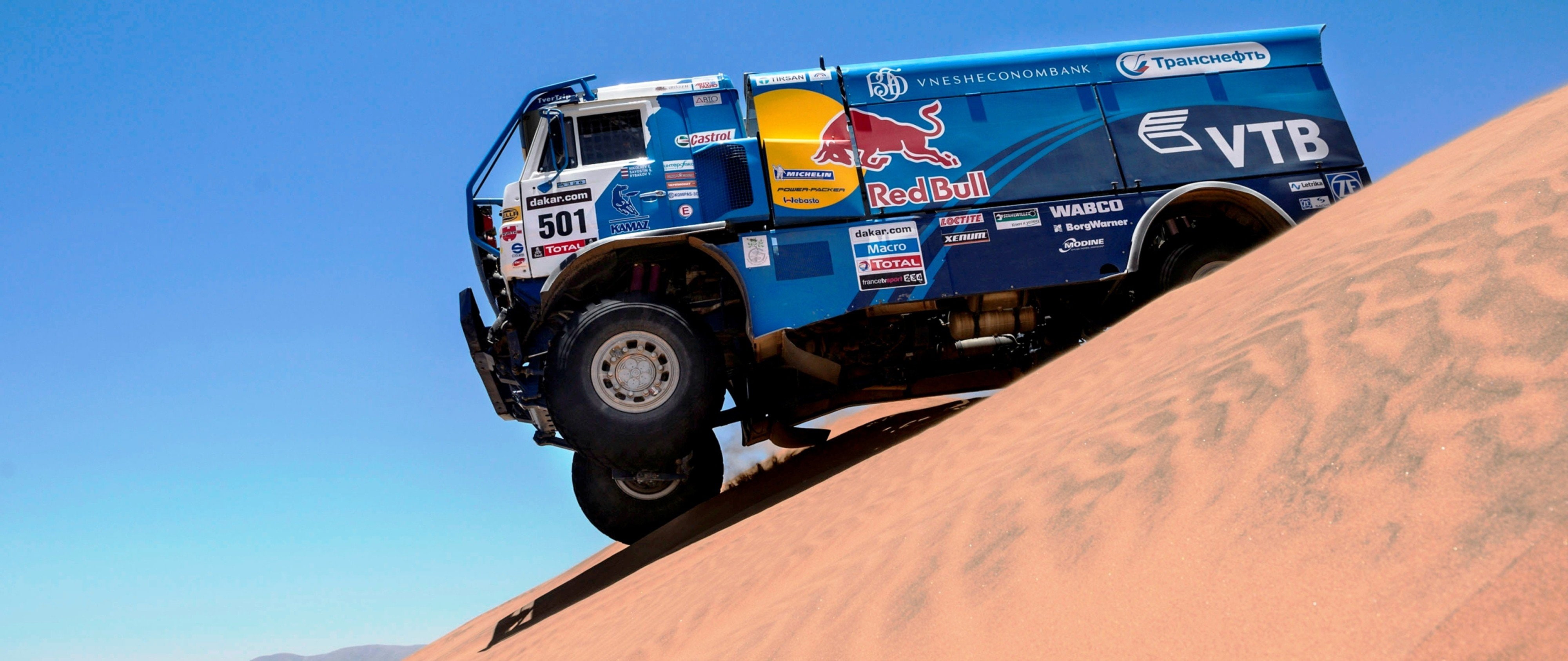 rally, race, sand, 4K, 4000x1686, dakar, desert, kamaz 4911, red bull, truck, hero, racing, nemesis, HD Wallpaper