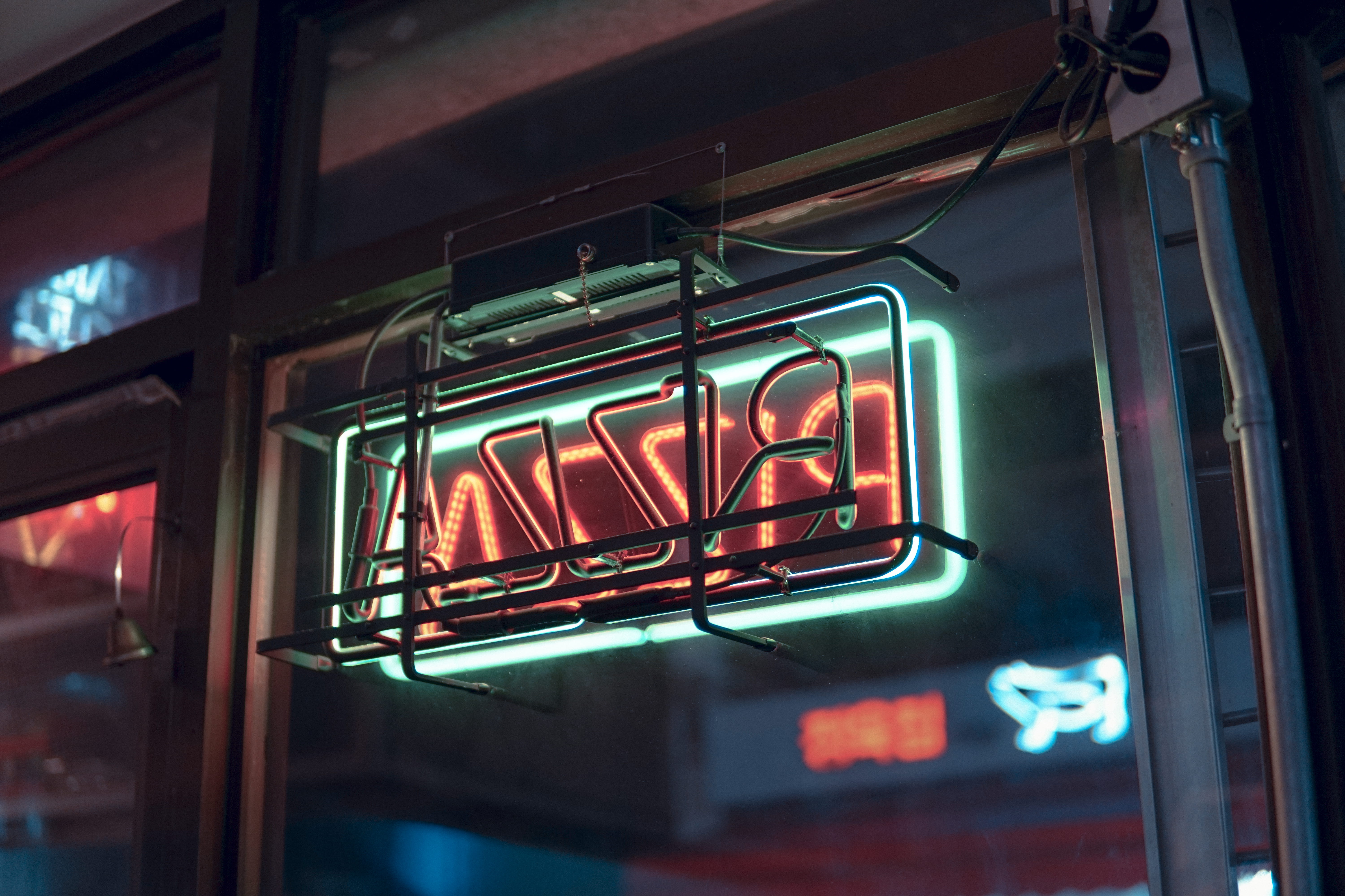 indoors, light, no people, fur, glass - material, information, text, ceiling, reflection, meal, window, vehicle, illuminated, neon, light fixture, glowing, HD Wallpaper