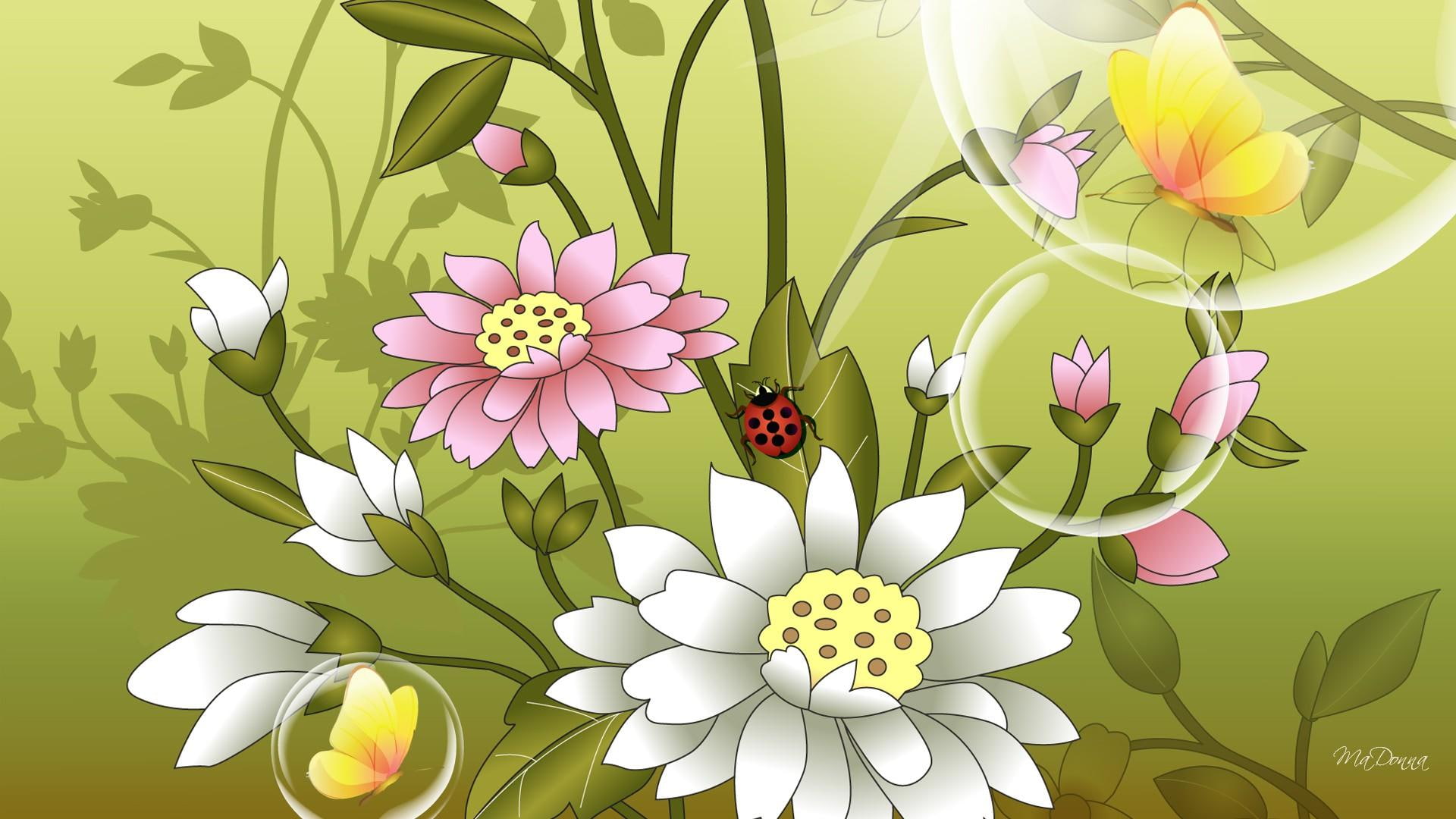 white, ladybug, lady bug, green, summer, pink, garden, spring, flowers, devine, 1080P, floral, fragrant, fleurs, HD Wallpaper