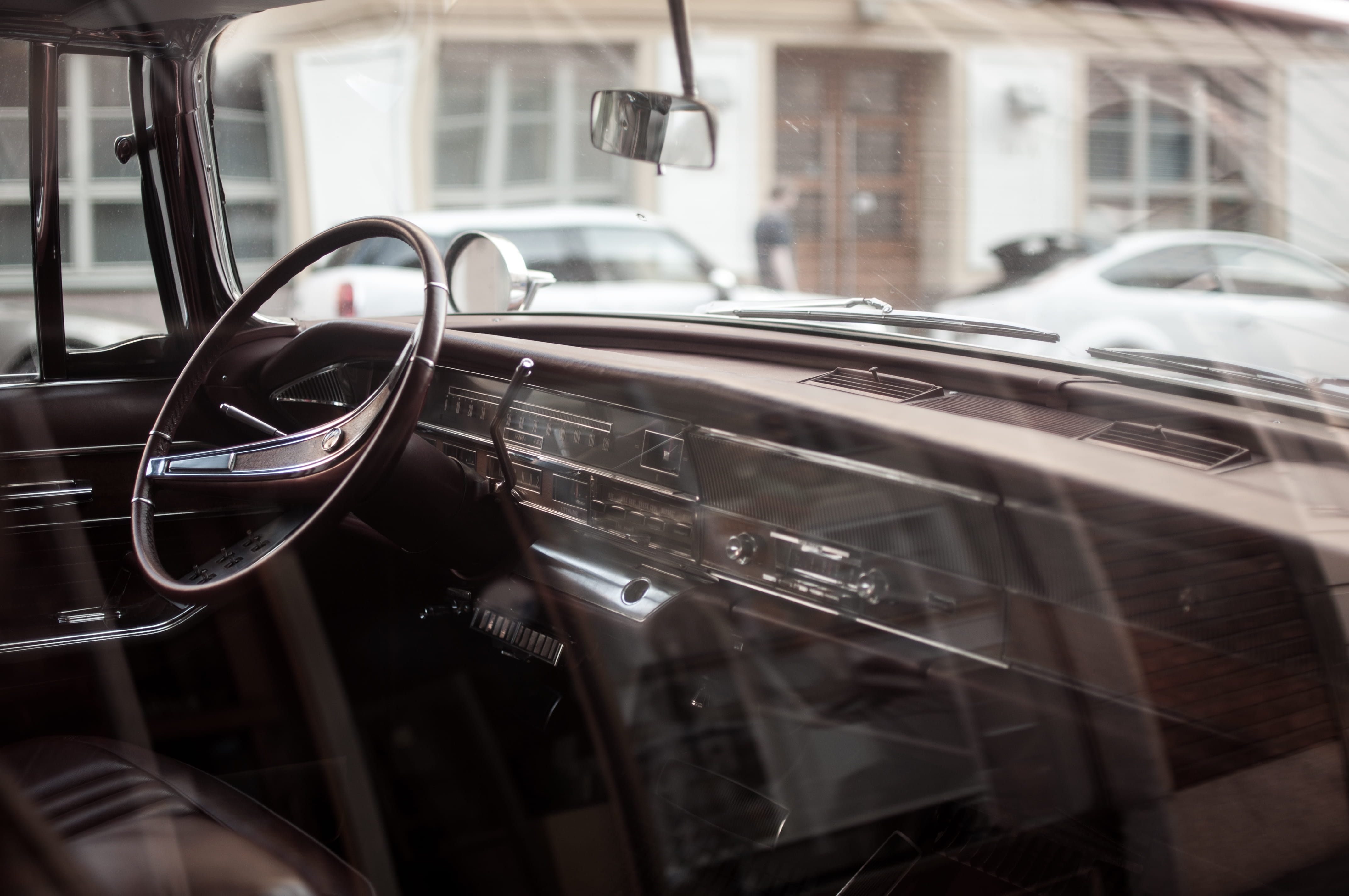 automobile, transportation, driving, glass, looking in, alley, mode of transportation, vintage, auto, car, stick-shift, 4K, view, outdoors, brown, reflection, HD Wallpaper