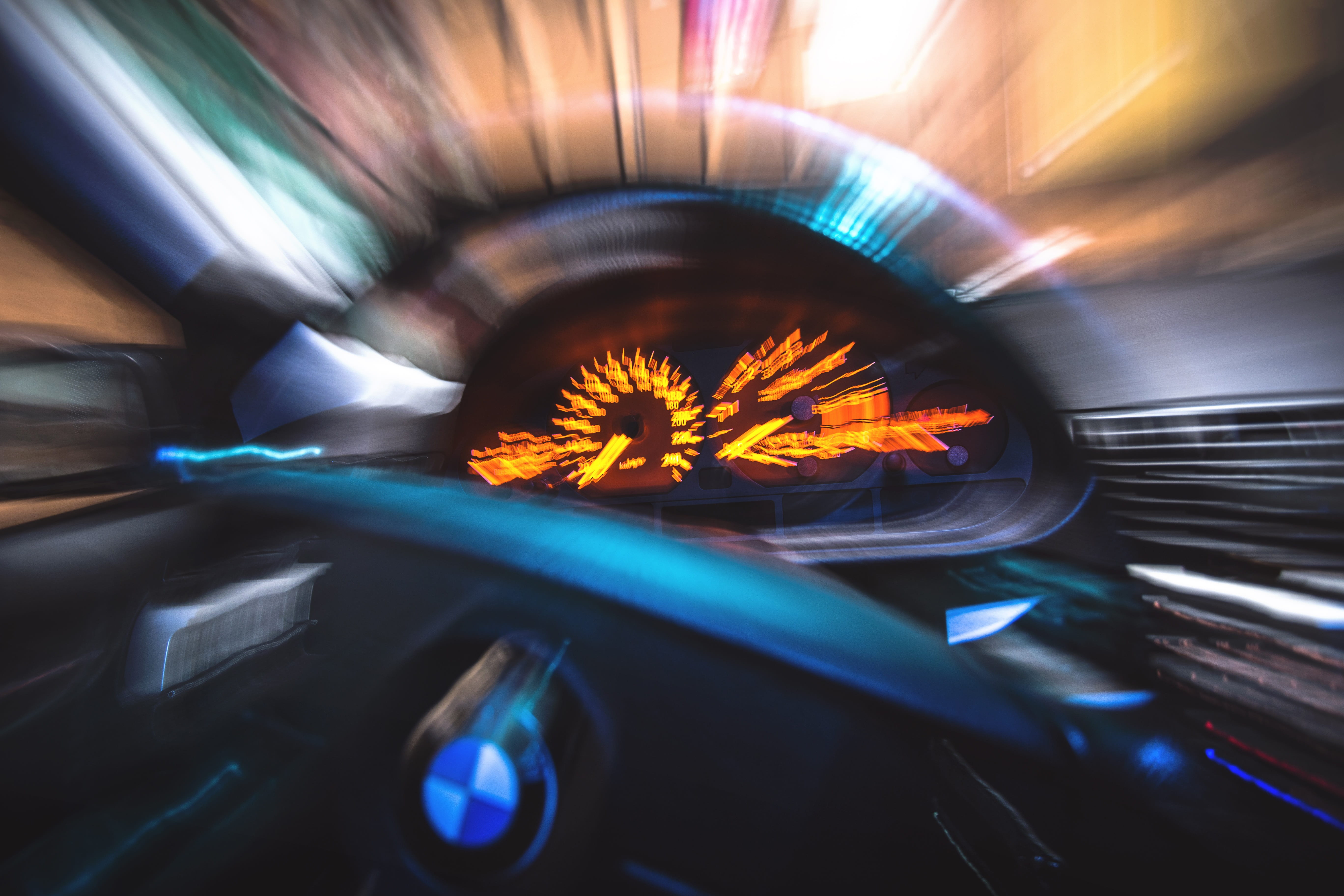 tachometer, motor vehicle, blurred motion, architecture, orange color, motion, automobile, panel, 5K, blur, light - natural phenomenon, control, car interior, HD Wallpaper