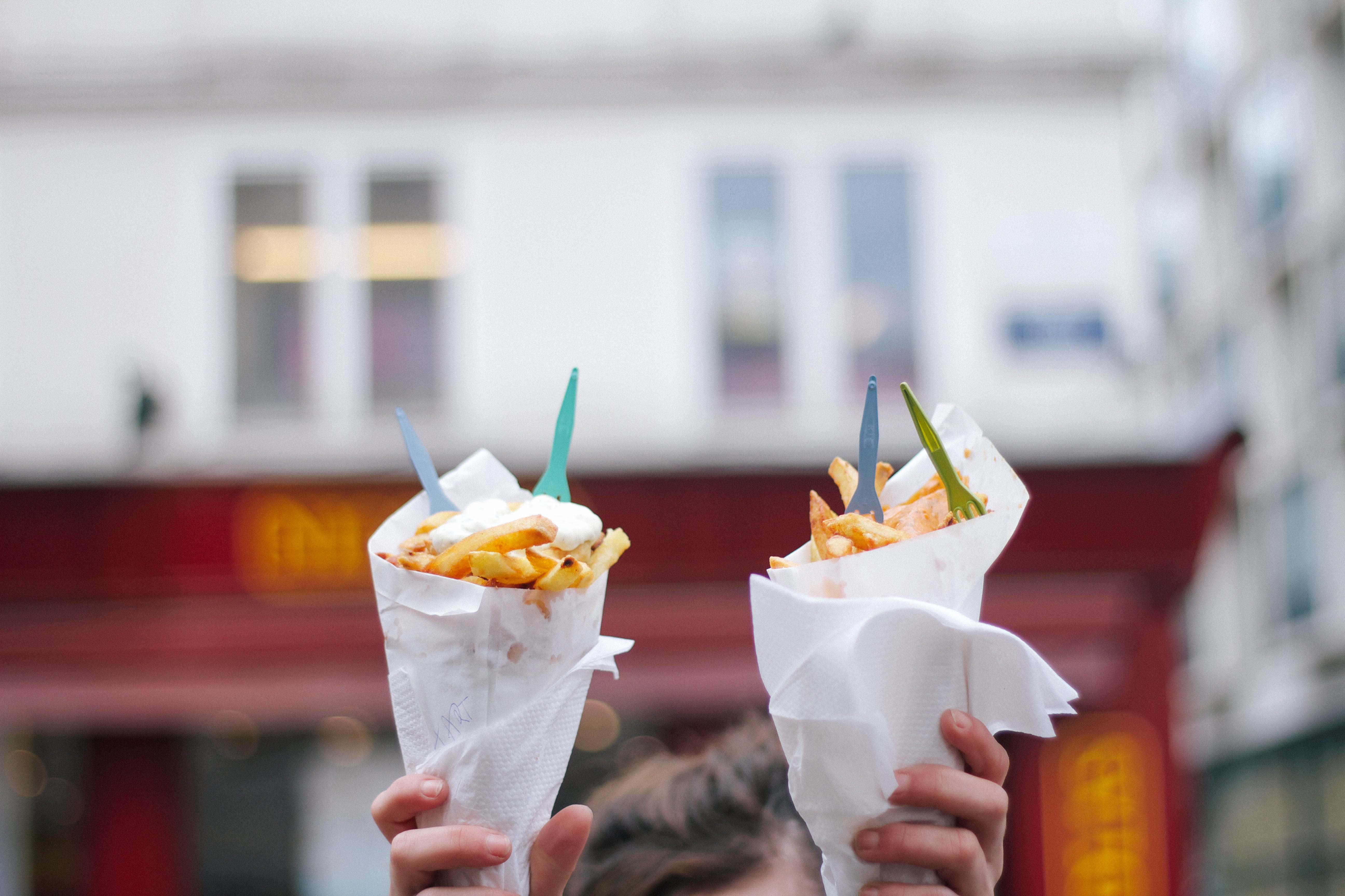 refreshment, focus on foreground, potato, french, food and drink, temptation, hand, drink, street food, french fries, food, cone, human hand, human body part, HD Wallpaper