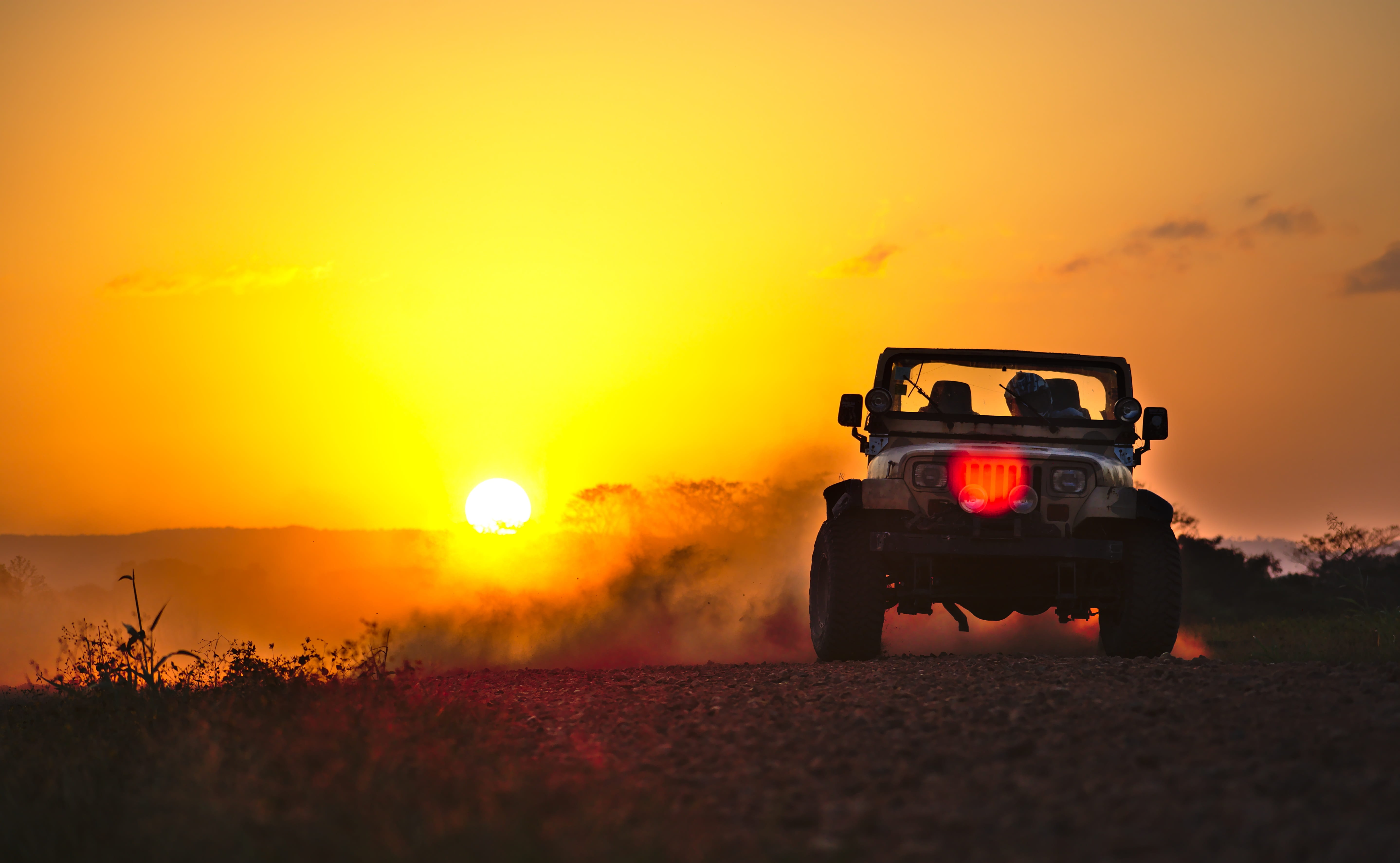 drifting, 5K, land, travel, belize, sky, outdoor, car, nature, sunlight, plant, field, motor vehicle, summer, jeep, silhouette, sunset, orange, off road, HD Wallpaper