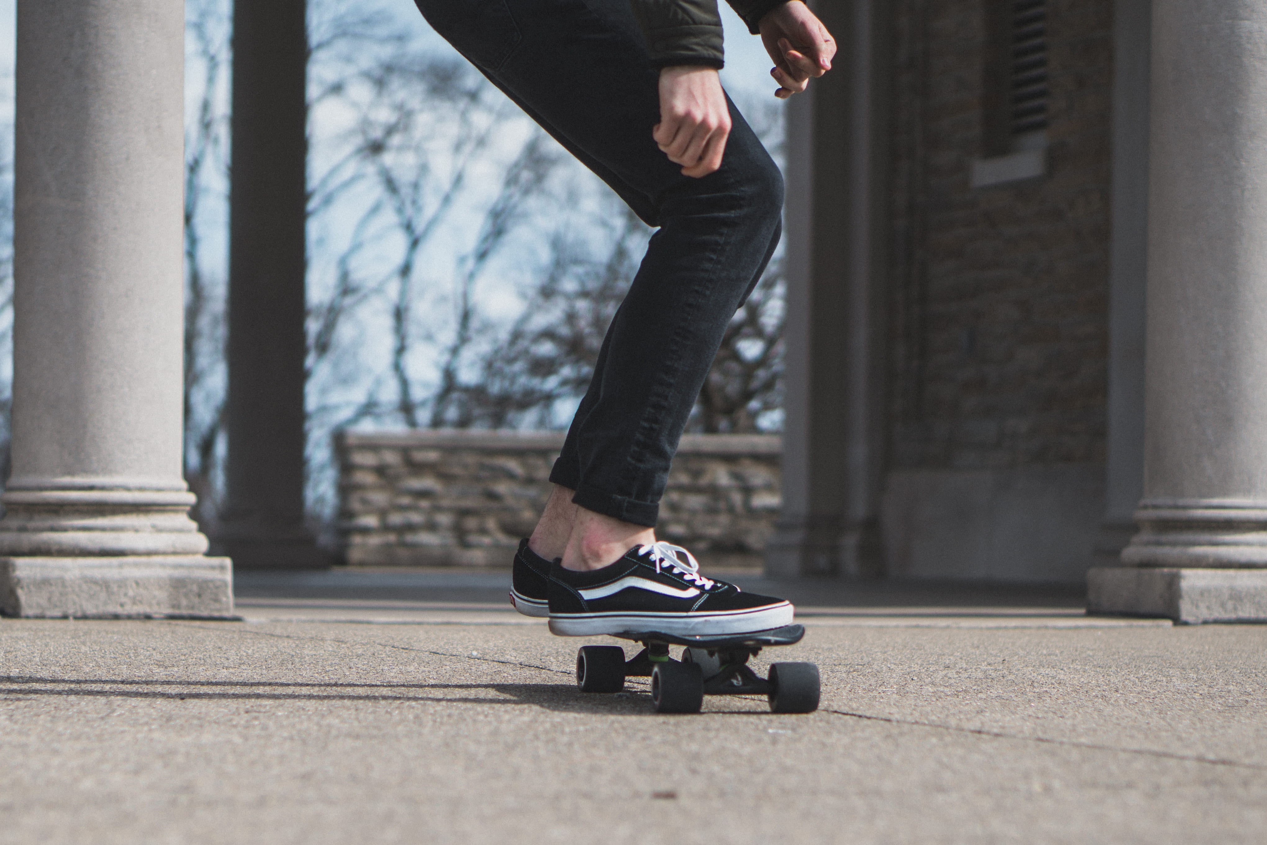 human foot, built structure, shoe, shoes, person, 4K, skate, day, balance, black, city, vans, architecture, leisure activity, style, lifestyles, riding, HD Wallpaper