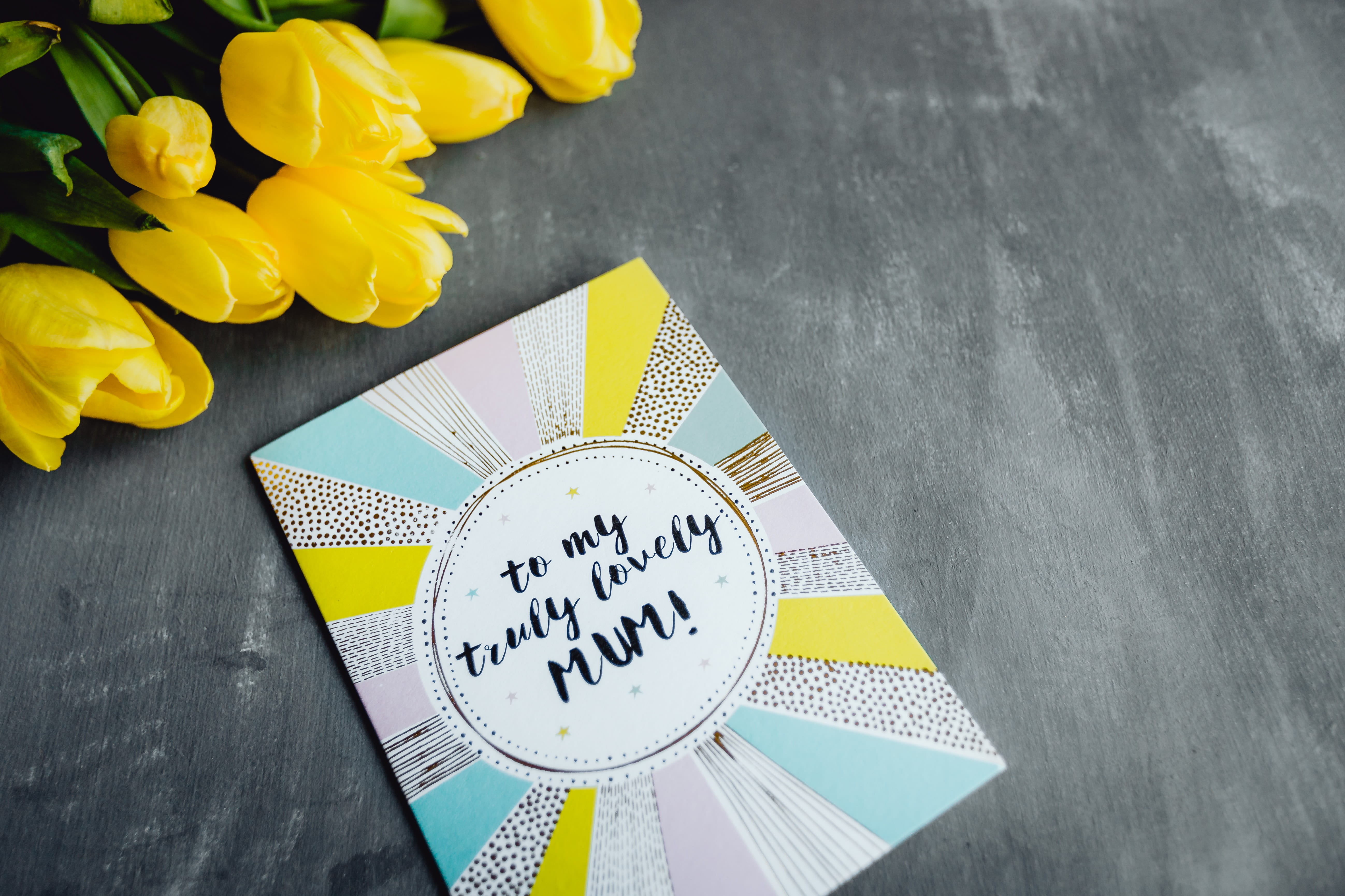text, card, note, tulip, paper, table, 5K, bouquet, yellow, close-up, colorful, mothers day, freshness, love, flower arrangement, tulips, business, s, HD Wallpaper
