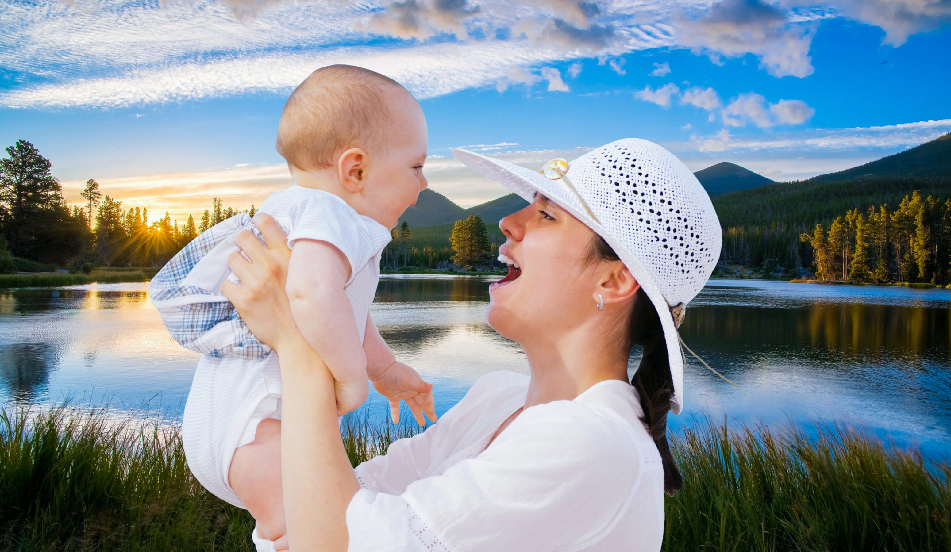 illustration, males, water, baby, people, 2K, emotion, mother, outdoors, parent, positive emotion, lake, landscape, mom, vacation, smiling, son, family with one child, HD Wallpaper