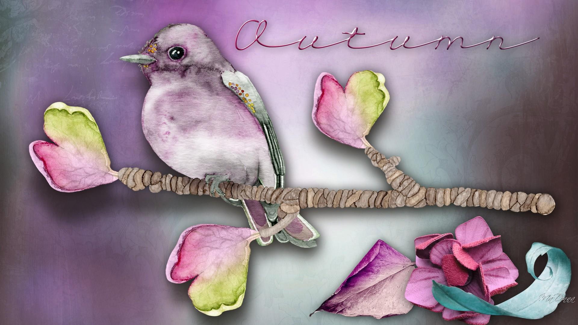 fall, flowers, lavender, leaves, quaint, pastel, autumn, 1080P, pink, bird, purple, HD Wallpaper