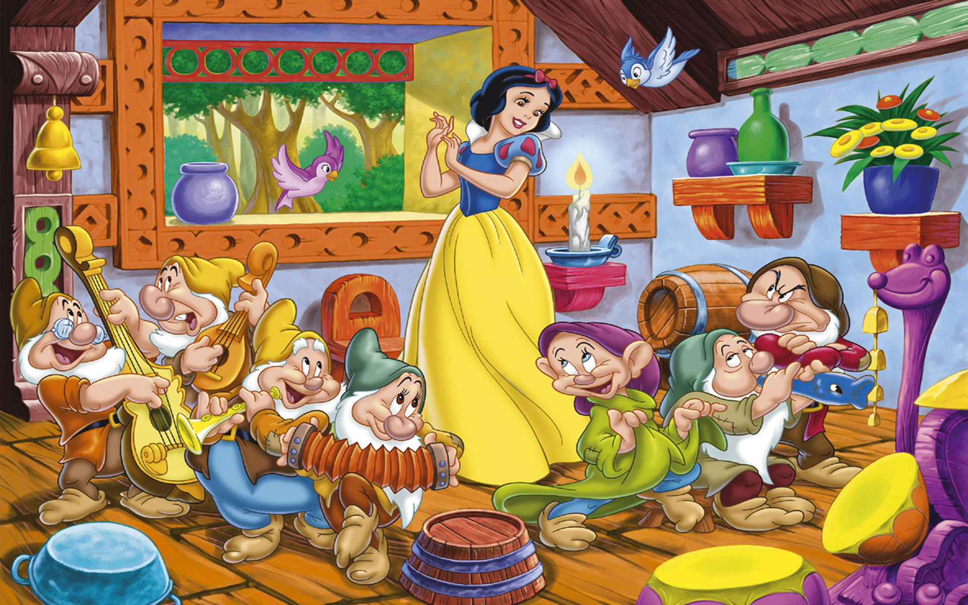 orchestra, fun, seven, 1080P, dwarfs, poster, white, snow, desktop, music, hd, dancing, HD Wallpaper