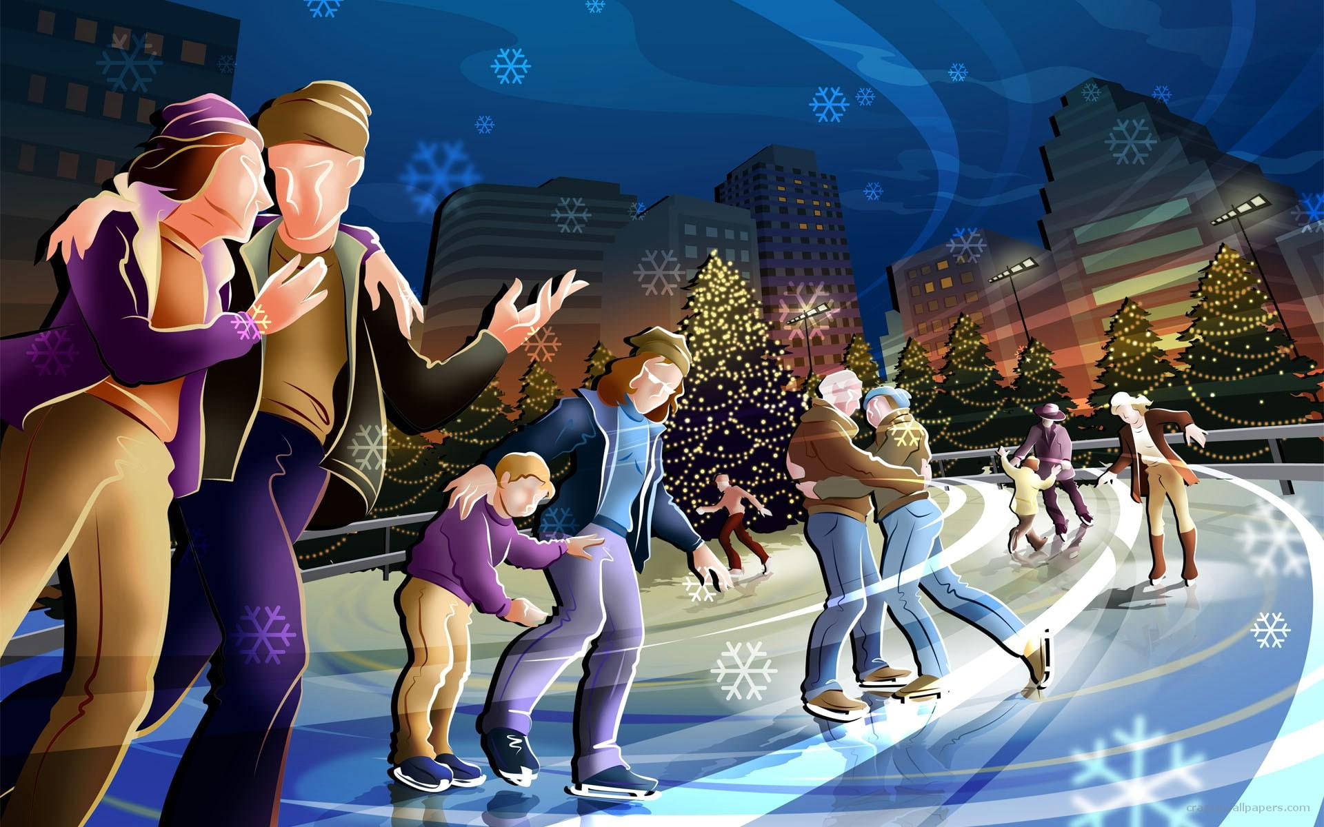 3d and abstract, love, couples, park, 1080P, winter, skateing, holidays, fun, HD Wallpaper