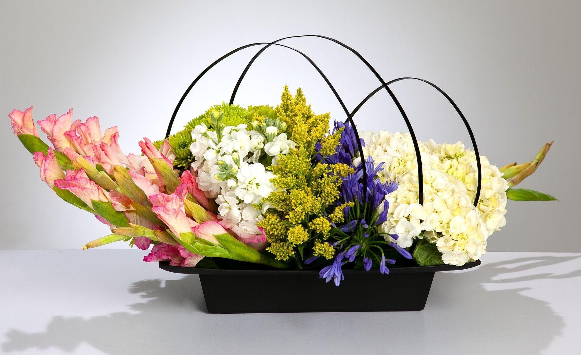 720P, flowers, basket, composition, gladiolus, sia, hydrangea, HD Wallpaper