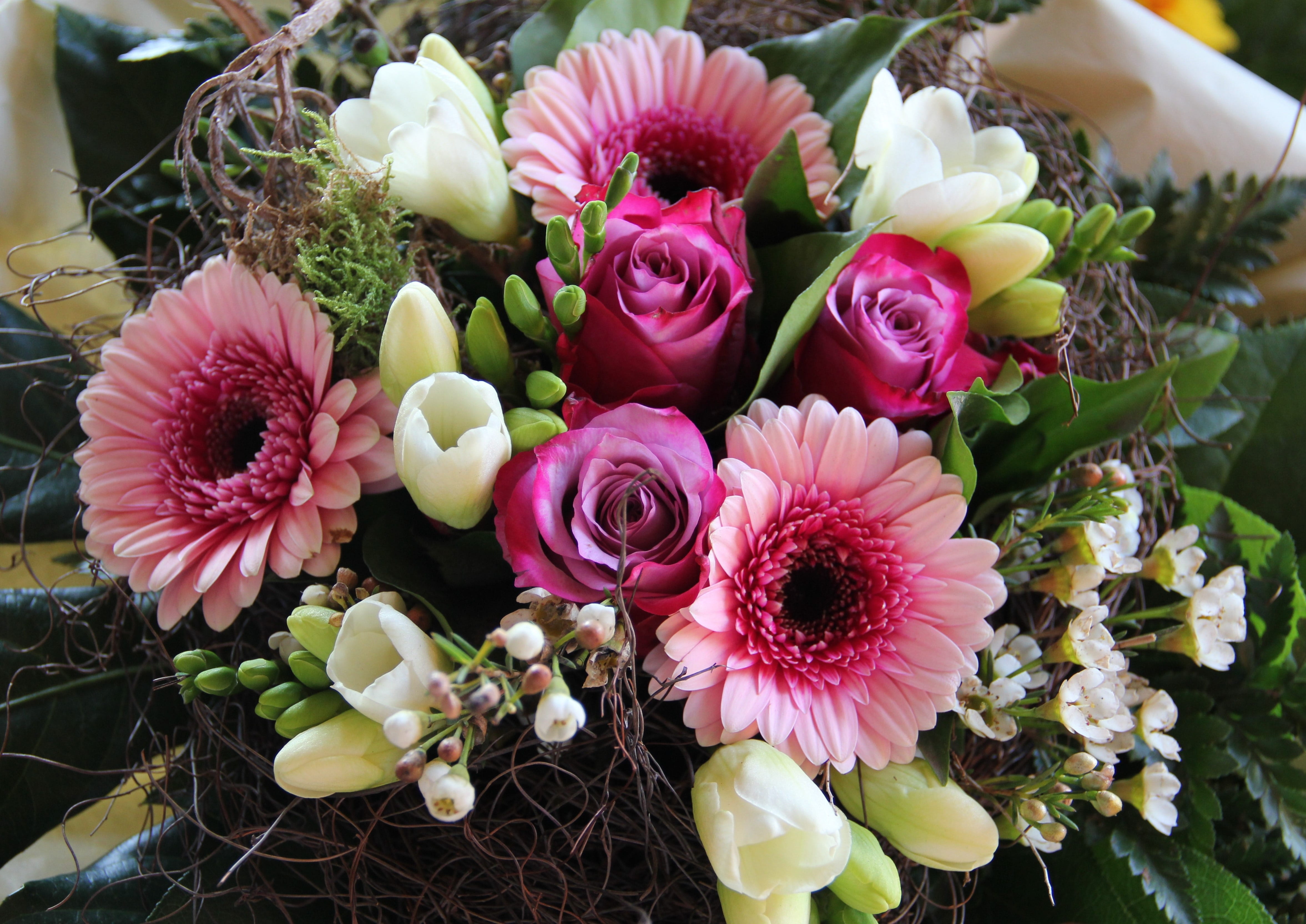 mothers day, gerbera bouquet, high angle view, bunch of flowers, rose, inflorescence, fragility, gerbera, flowers, bouquet of roses, vulnerability, wedding day, HD Wallpaper
