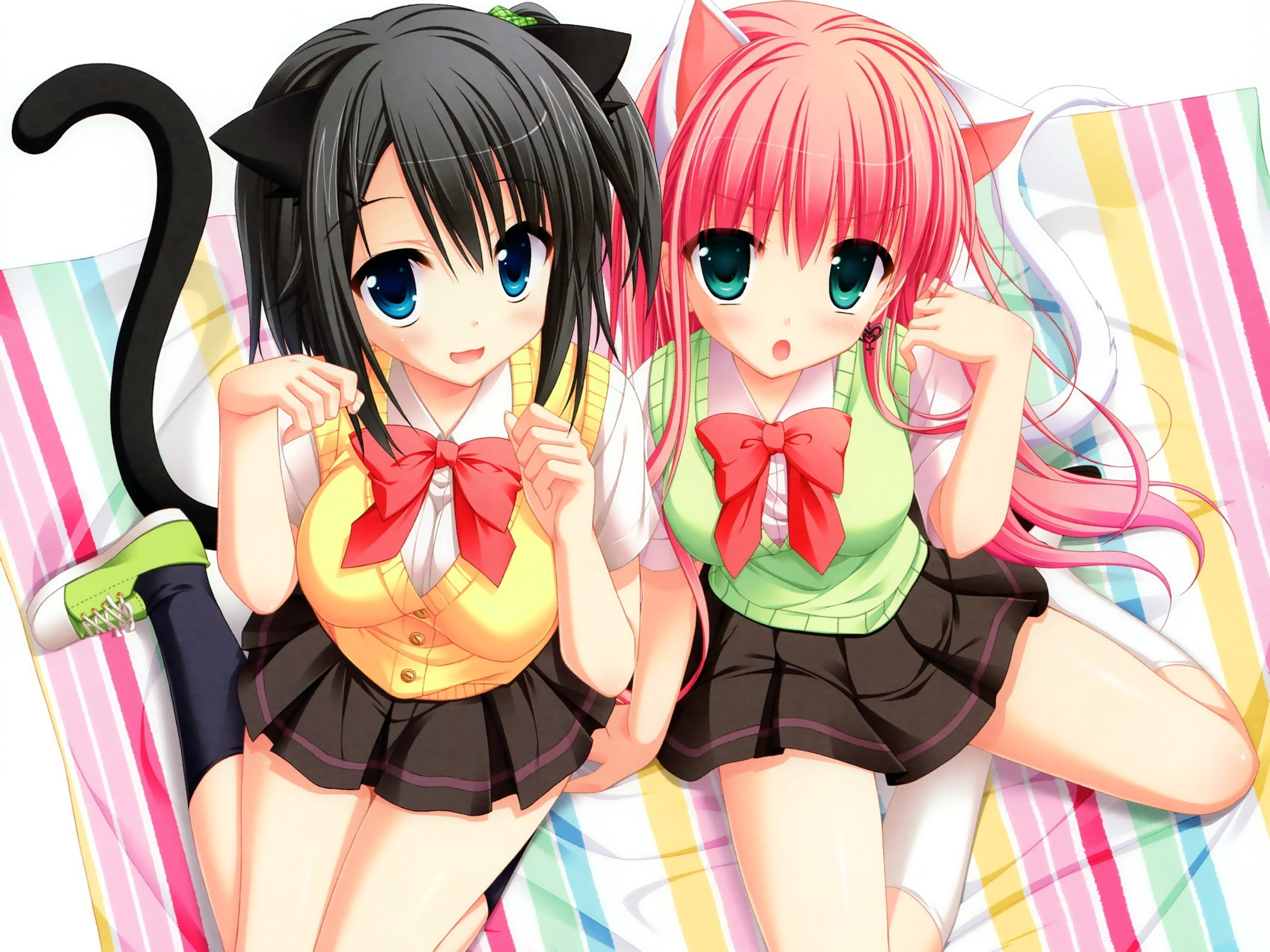pink hair, anime, black hair, cat ears, tail, blue eyes, green eyes, 1080P, anime girls, short hair, HD Wallpaper