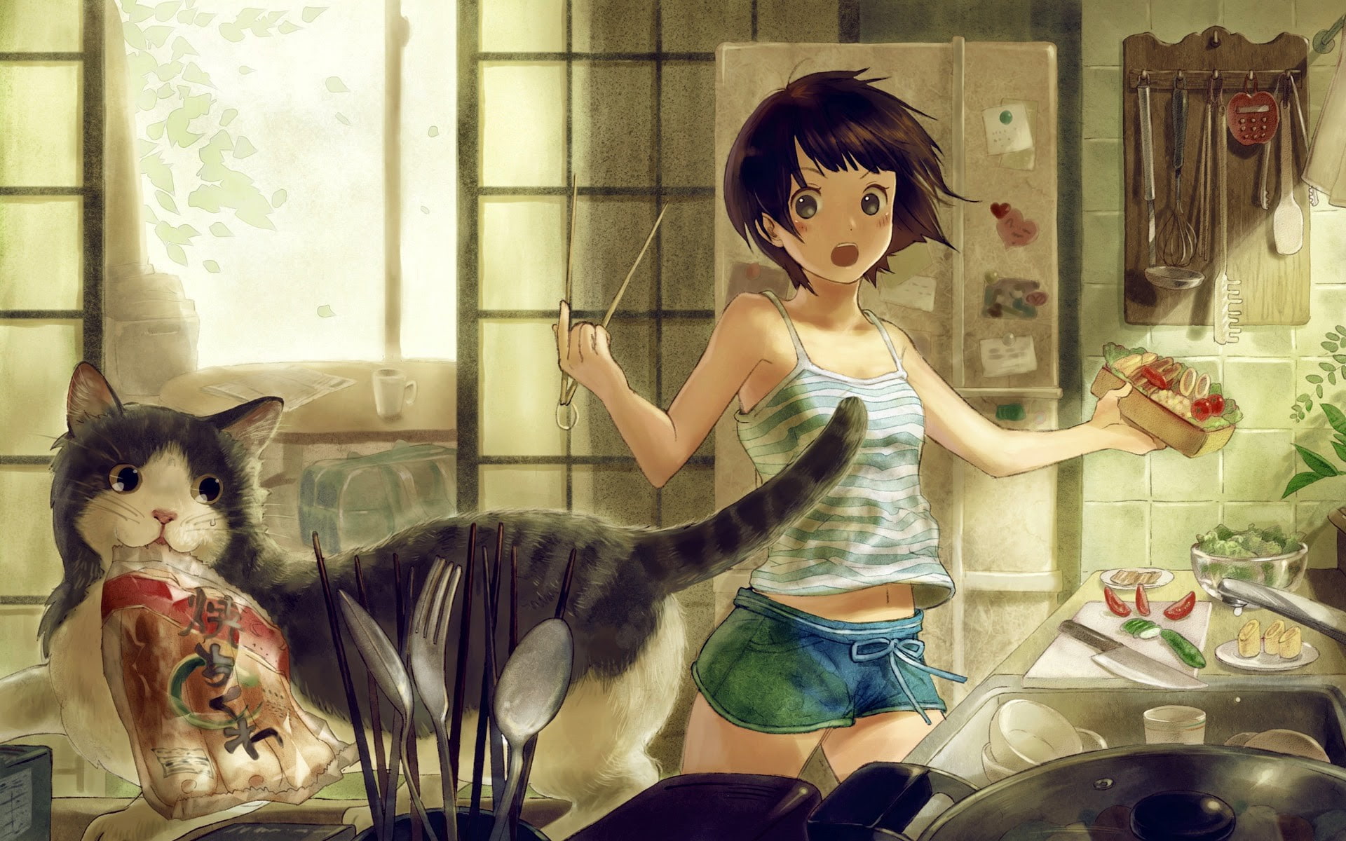 short hair, original characters, cat, animals, anime girls, anime, 1080P, brunette, looking away, open mouth, kitchen, HD Wallpaper