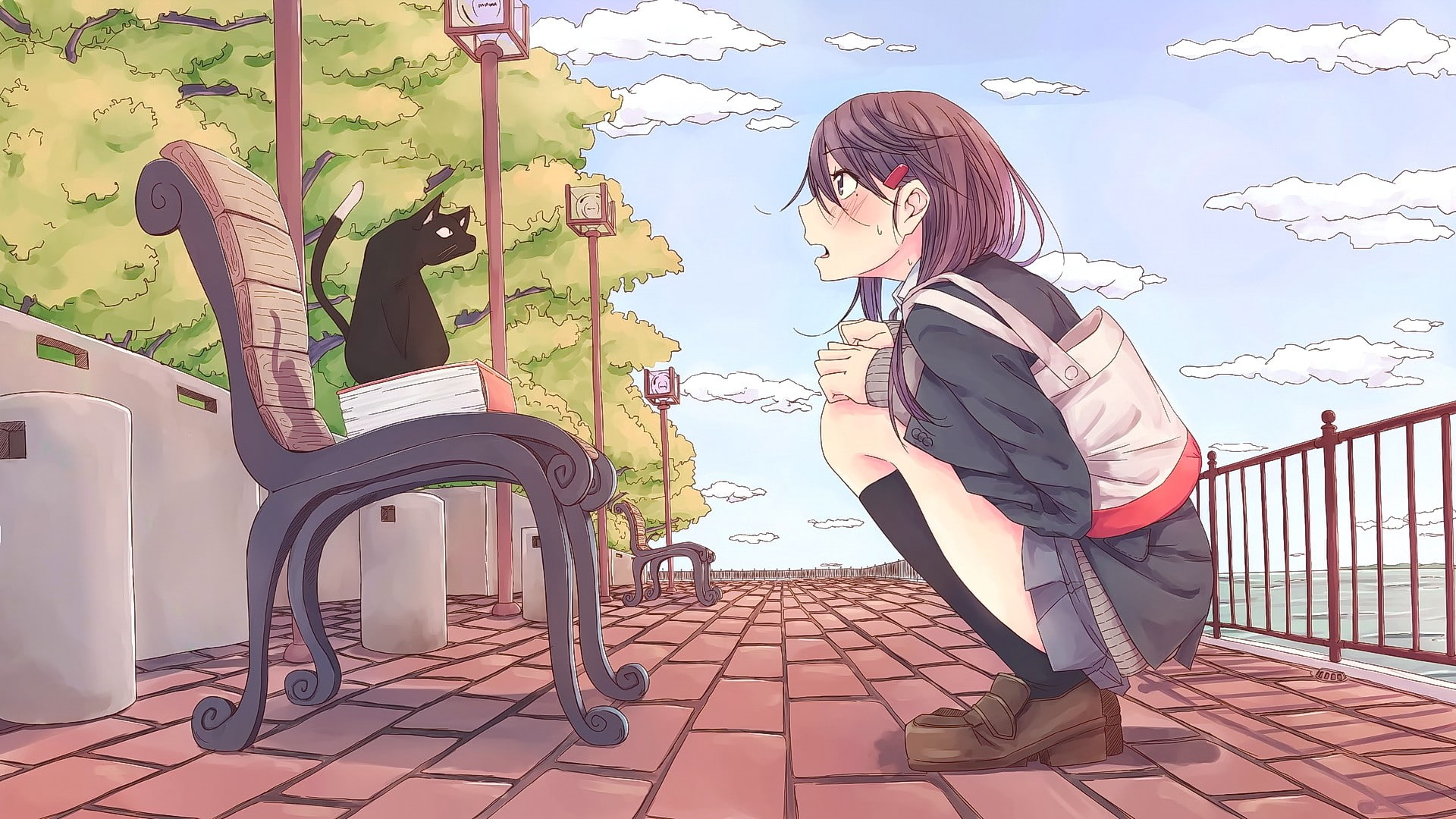 looking away, day, trees, short hair, seat, casual clothing, nature, brunette, full length, sky, young adult, school uniform, side view, water, cat, anime, HD Wallpaper