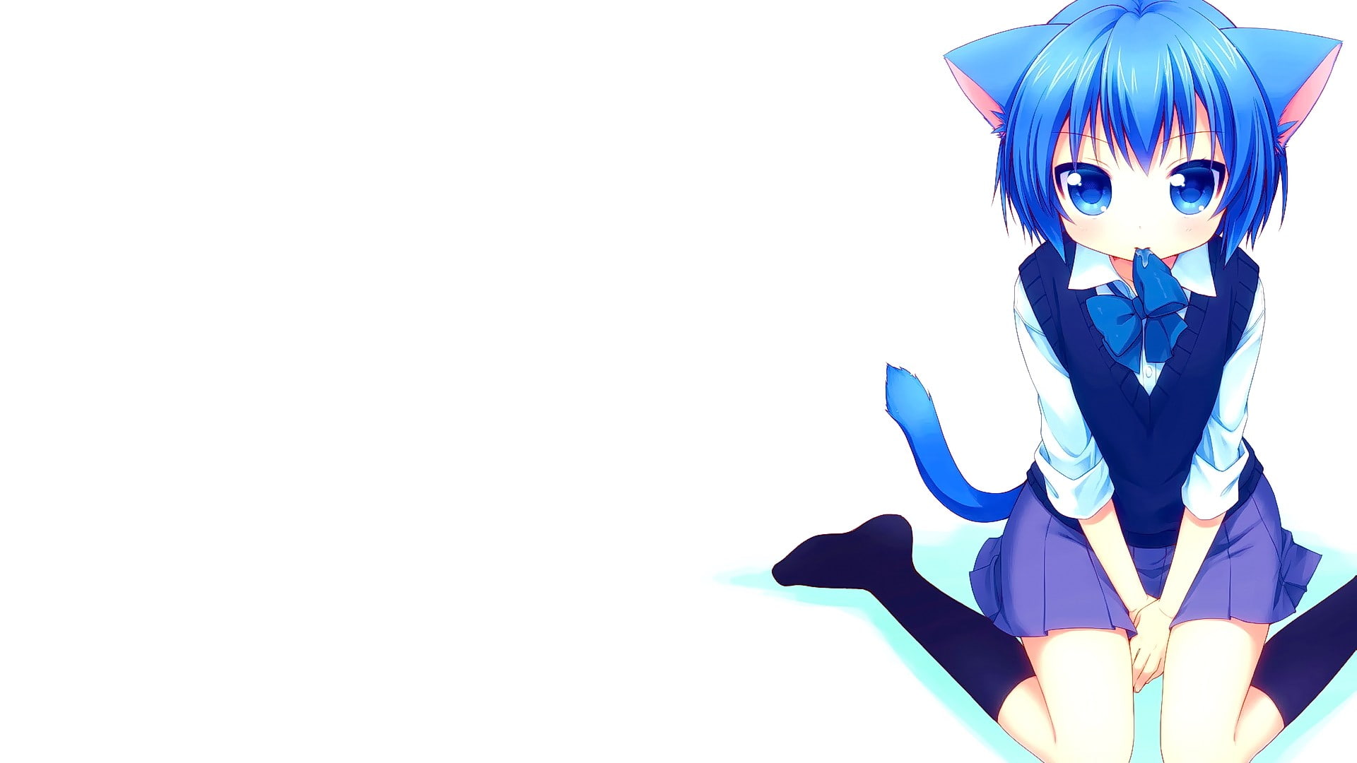 1080P, cat girl, anime girls, white background, short hair, nekomimi, anime, original characters, blue hair, HD Wallpaper