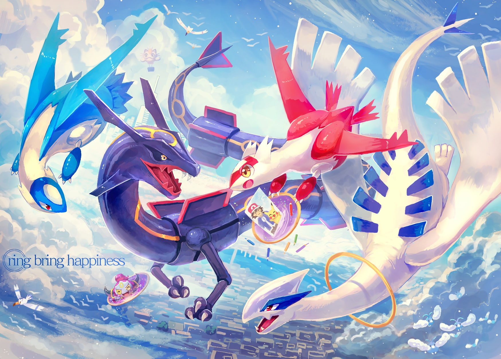 latias, pokemon, nagakura, clouds, latios, 245293, com, 720P, satoshi, pikachu, rayquaza, bird, lugia, wingull, (pokemon), (seven, sky, walkers), meowth, HD Wallpaper