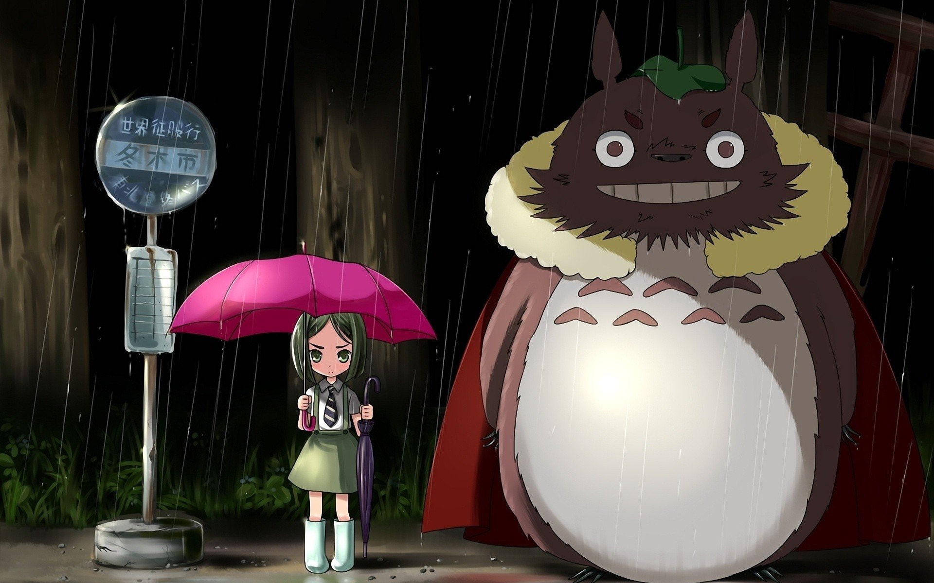 bus, rain, neighbour, fate, umbrellas, rider, totoro, stop, 1080P, fate zero, parody, series, HD Wallpaper