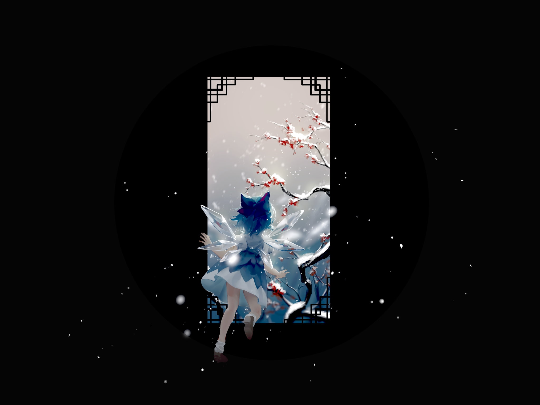 Winter fairy, fantasy, fairy, snowfall, cute, blue, black, iarna, winter, wings, luminos, 1080P, HD Wallpaper
